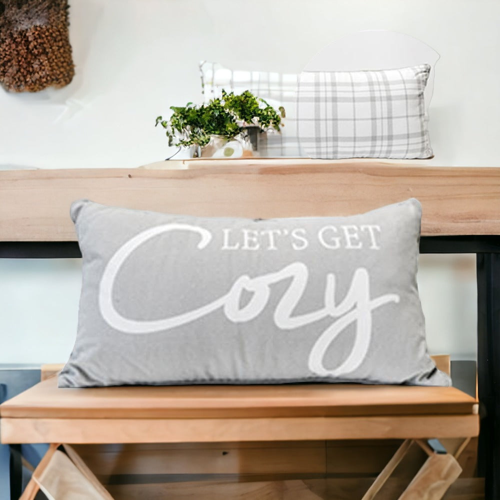 Let's Get Cozy LG reversible throw pillow featuring cozy text on one side and a checkered gray pattern on the other, perfect for home decor.