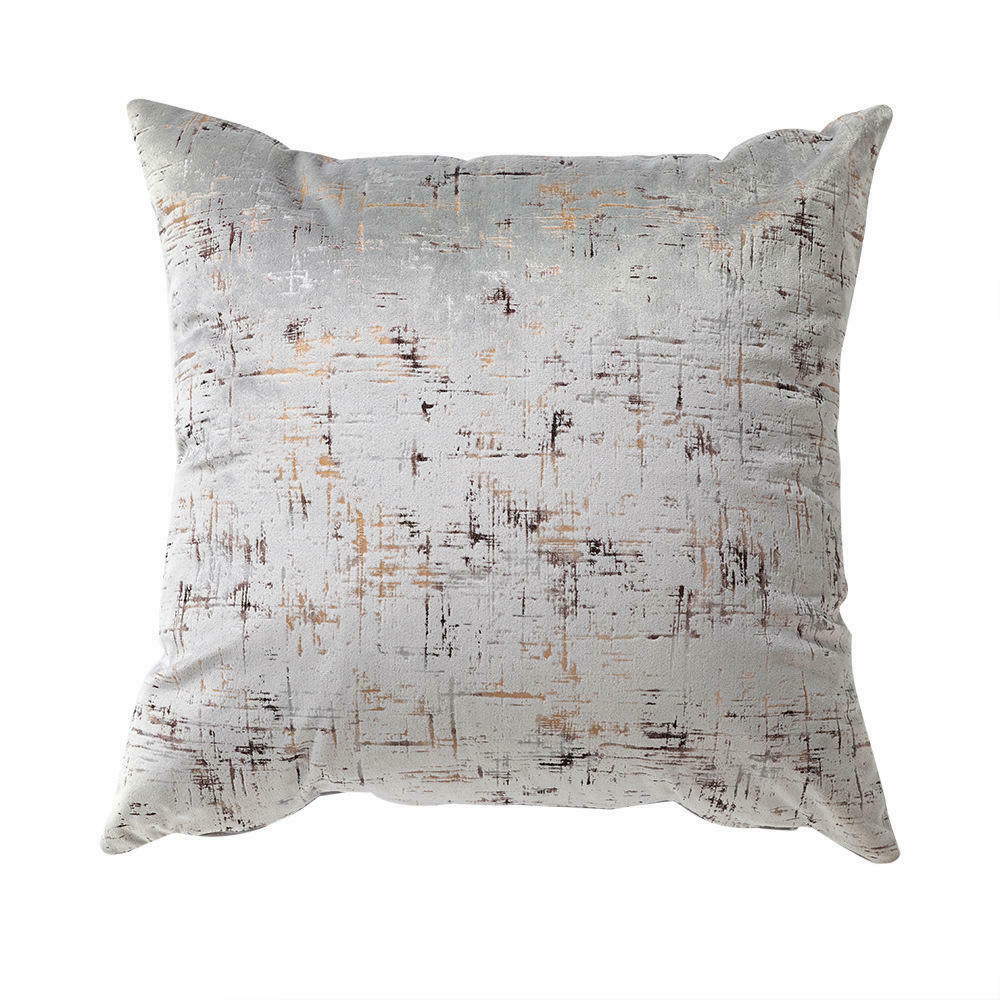 Light grey velvet cushion cover with gold geometric stamping, showcasing a luxurious and elegant design.