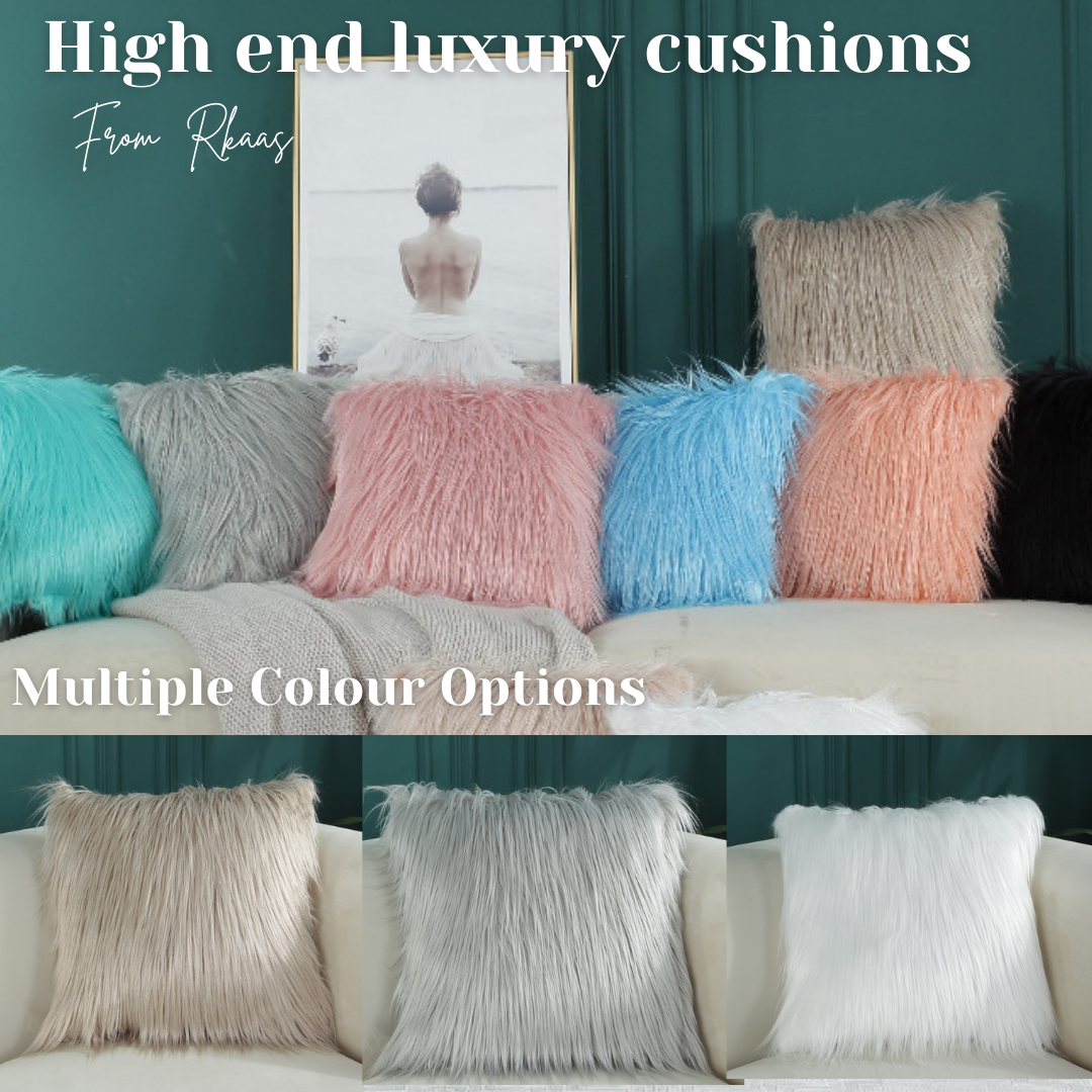 Luxurious long fur cushion covers in 18x18 inch size, featuring a soft velvet back, perfect for home decor.