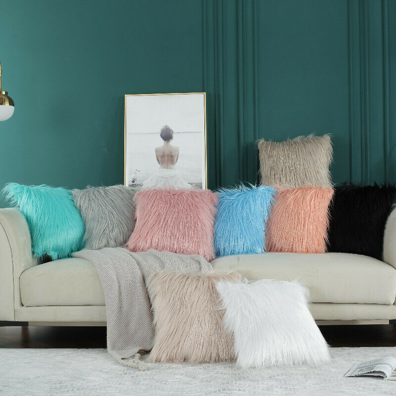 Luxurious long fur cushion covers in 18x18 inch size, featuring a soft velvet back, perfect for home decor.