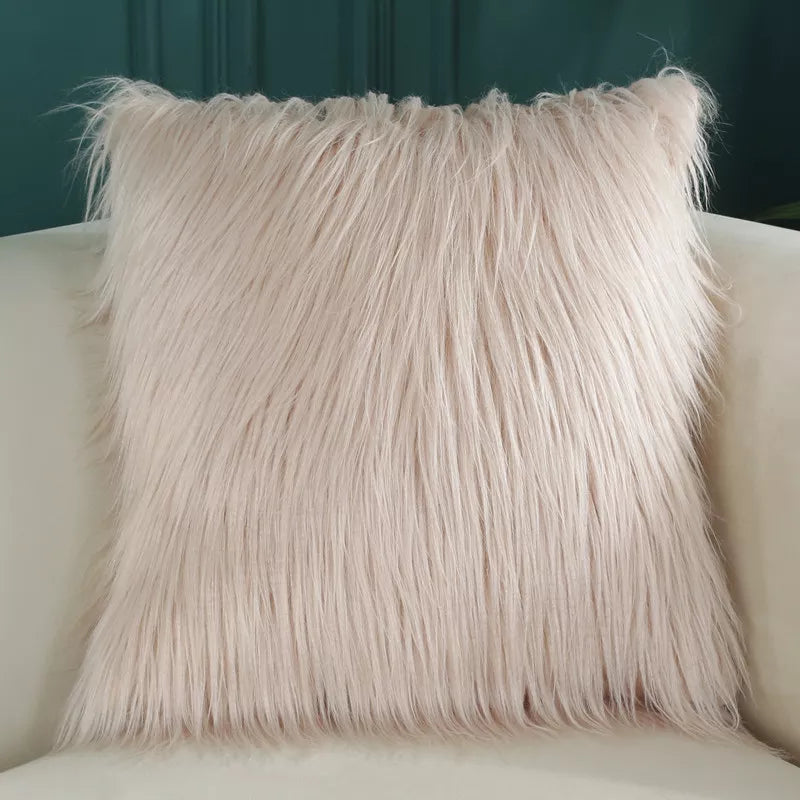 Luxurious long fur cushion covers in 18x18 inch size, featuring a soft velvet back, perfect for home decor.