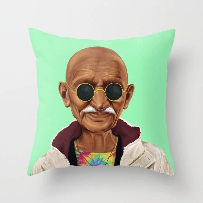 Mahatma Gandhi Pillow cover featuring a double-sided print, made from 100% spun polyester poplin fabric, measuring 16x16 inches.