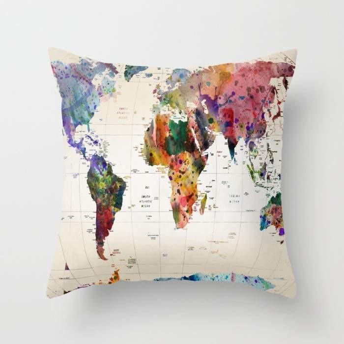 A stylish Map Pillow cover featuring a vibrant double-sided print, made from 100% spun polyester fabric, measuring 16x16 inches.