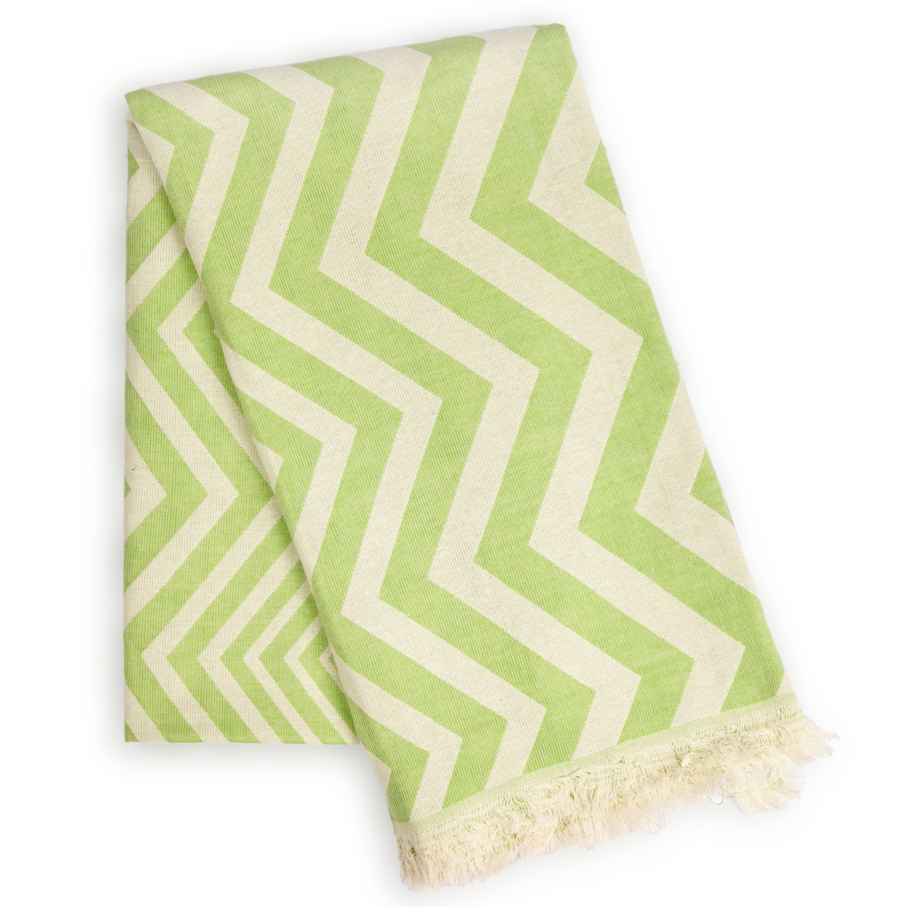 Mersin Chevron Towel in bright green with a chevron pattern, showcasing its soft texture and handcrafted tassels.