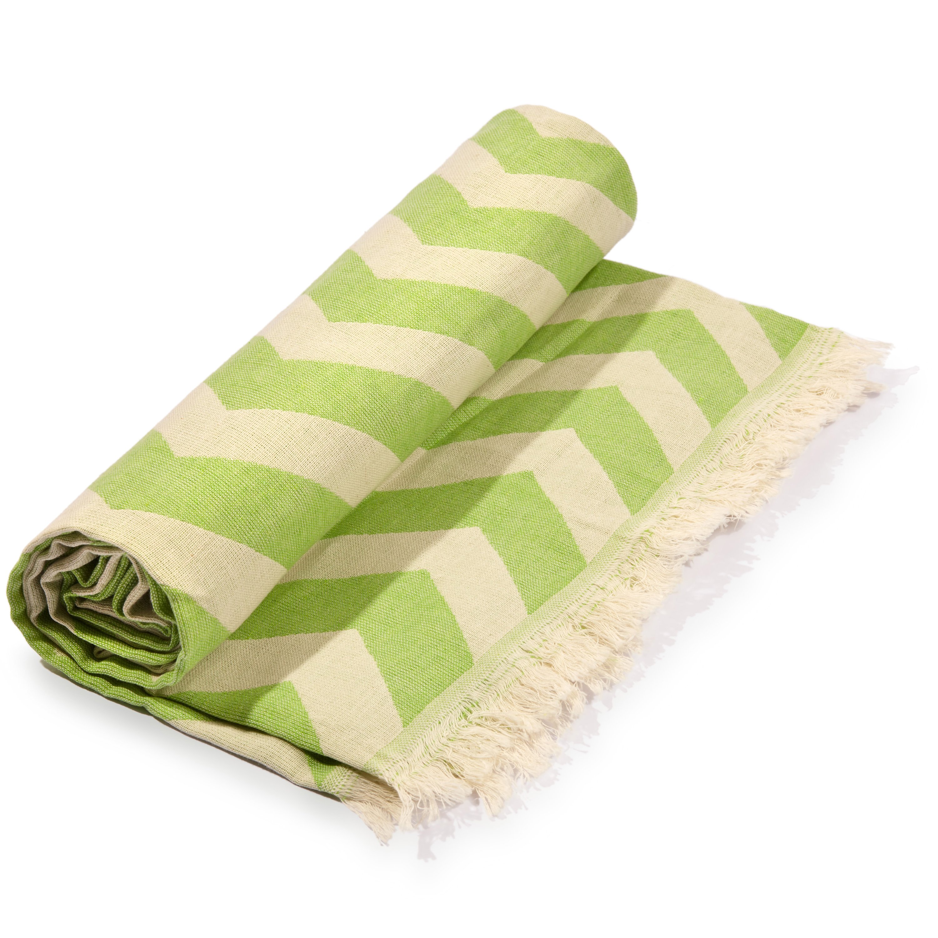 Mersin Chevron Towel in bright green with a chevron pattern, showcasing its soft texture and handcrafted tassels.