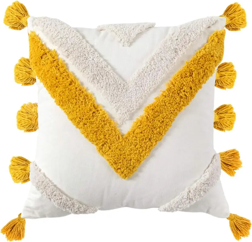 Vibrant Morocco Tassel Square Throw Pillow Case with intricate triangle stripes and playful tassels, perfect for home decor.