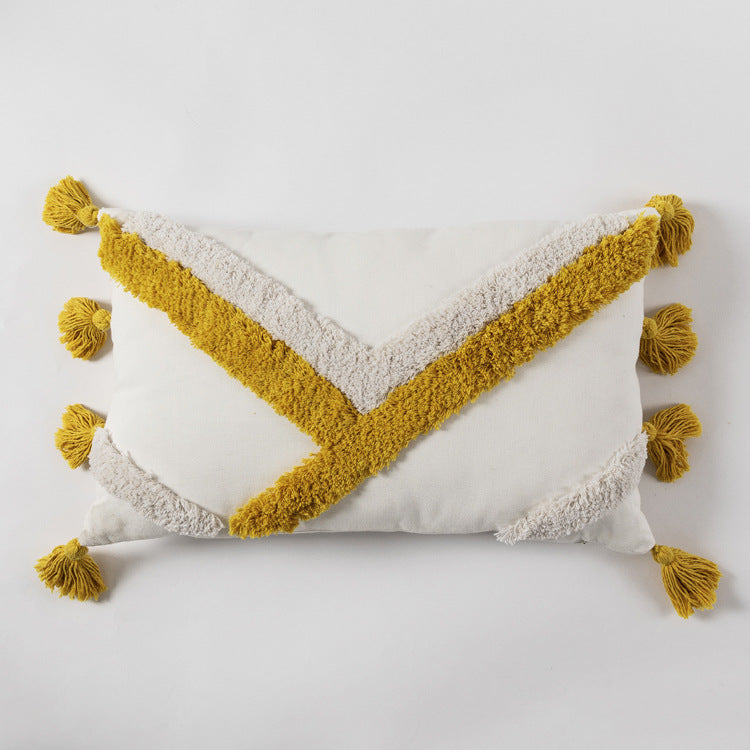 Vibrant Morocco Tassel Square Throw Pillow Case with intricate triangle stripes and playful tassels, perfect for home decor.