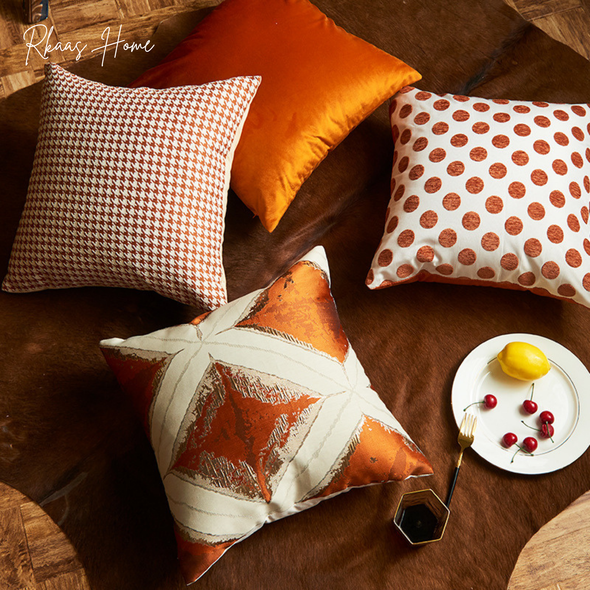 Multiple geometric pattern orange cushion cover, 45cm x 45cm, featuring chenille and velvet materials.