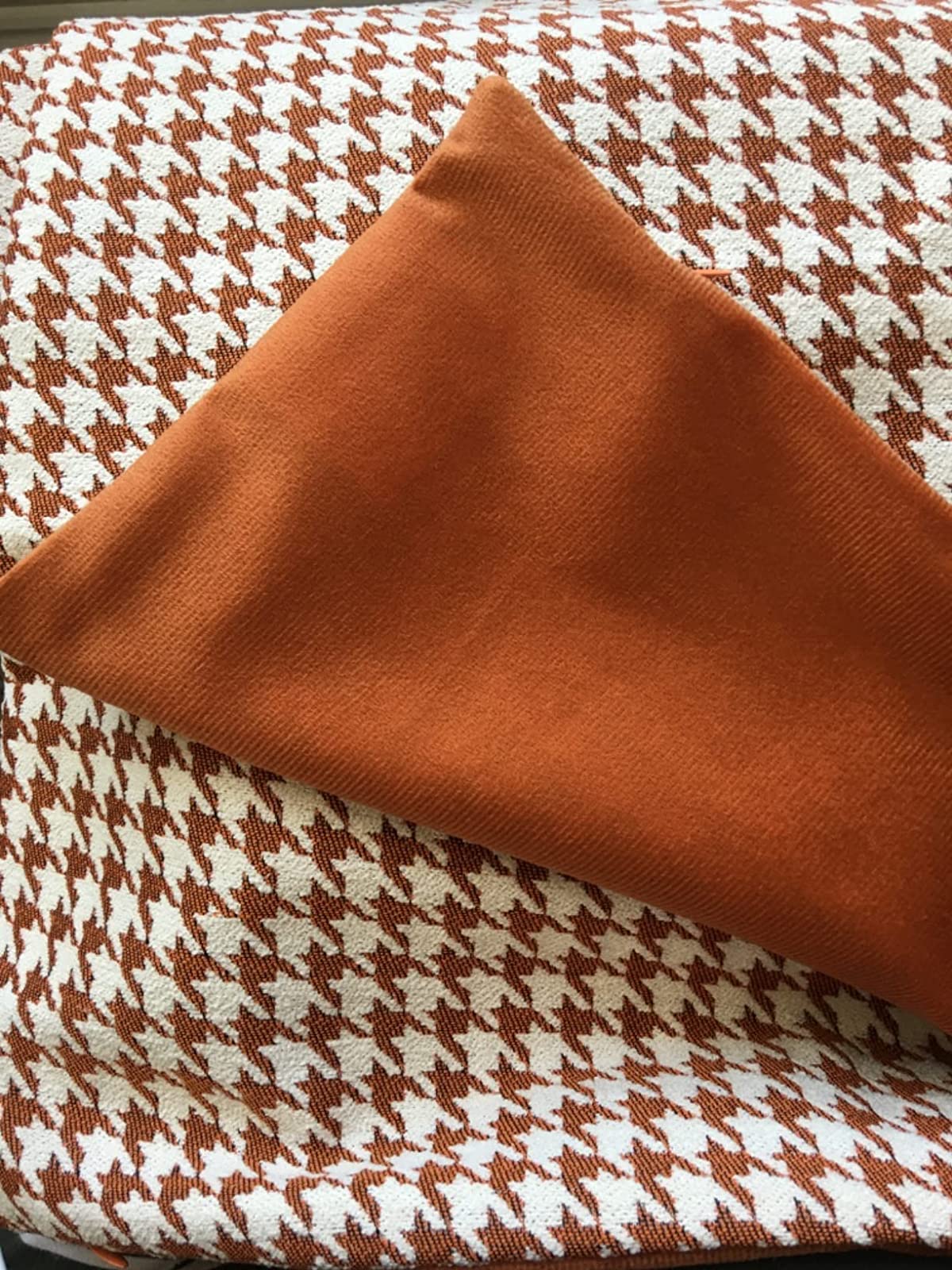 Multiple geometric pattern orange cushion cover, 45cm x 45cm, featuring chenille and velvet materials.