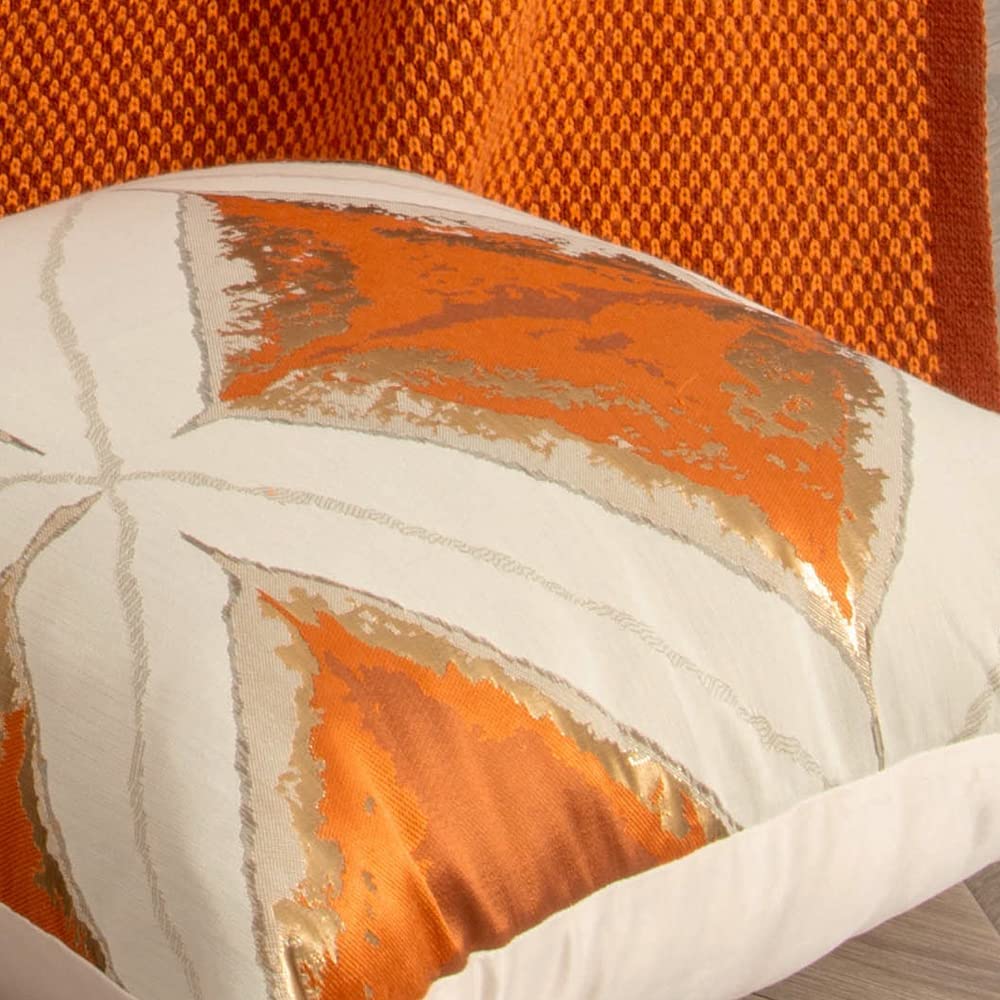 Multiple geometric pattern orange cushion cover, 45cm x 45cm, featuring chenille and velvet materials.