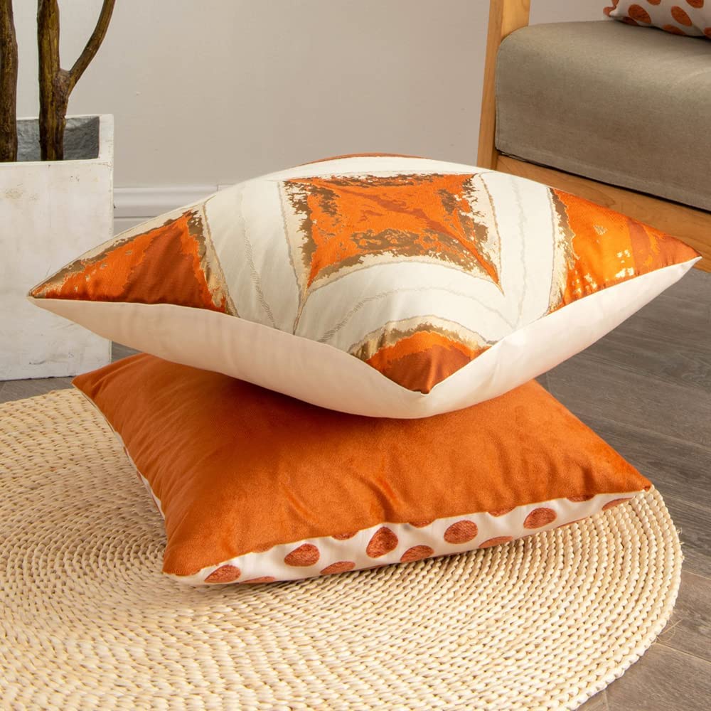 Multiple geometric pattern orange cushion cover, 45cm x 45cm, featuring chenille and velvet materials.