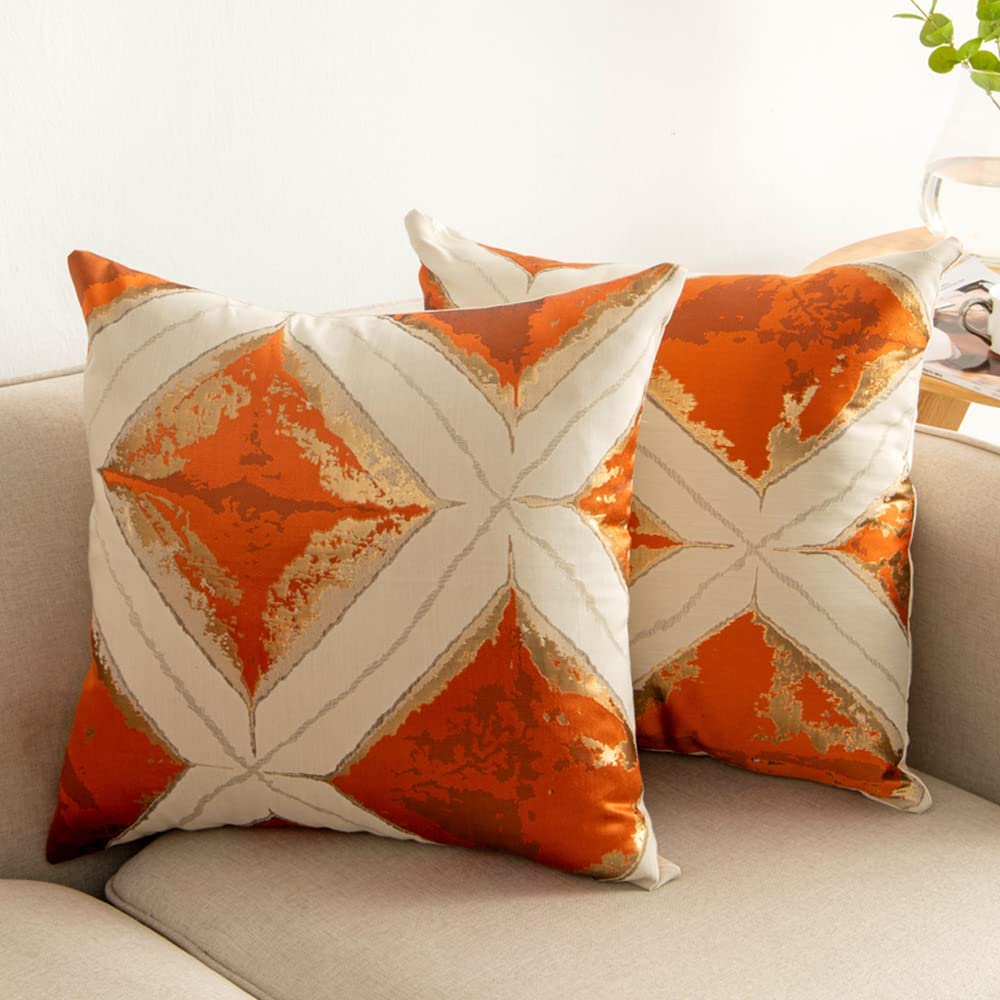 Multiple geometric pattern orange cushion cover, 45cm x 45cm, featuring chenille and velvet materials.