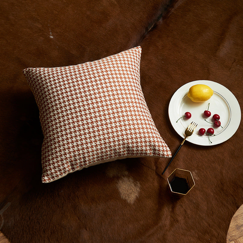 Multiple geometric pattern orange cushion cover, 45cm x 45cm, featuring chenille and velvet materials.