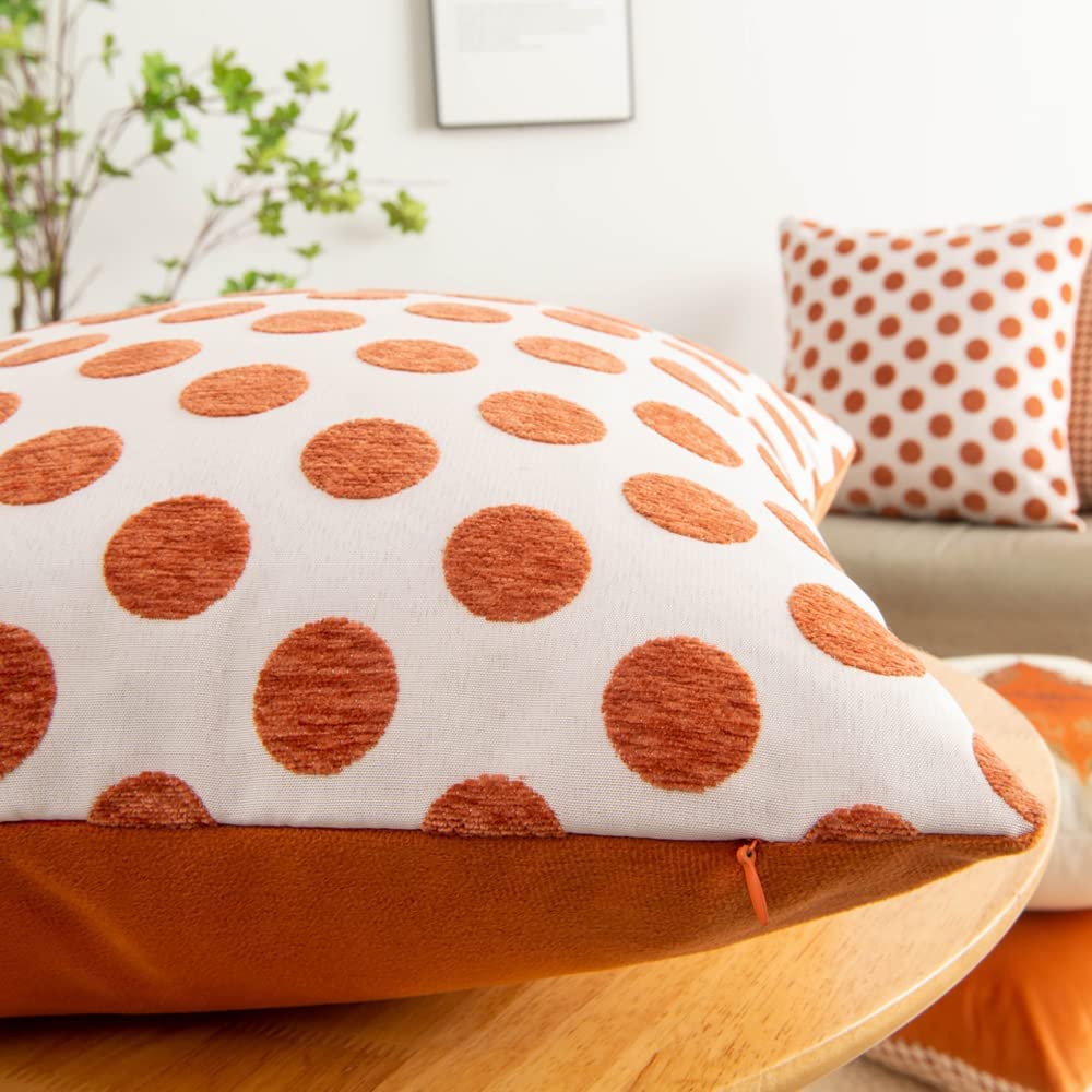 Multiple geometric pattern orange cushion cover, 45cm x 45cm, featuring chenille and velvet materials.