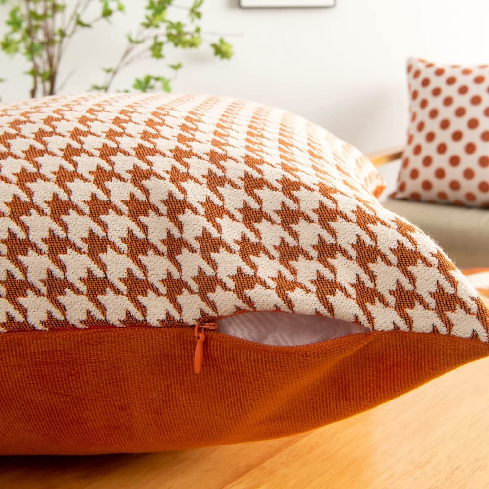 Multiple geometric pattern orange cushion cover, 45cm x 45cm, featuring chenille and velvet materials.