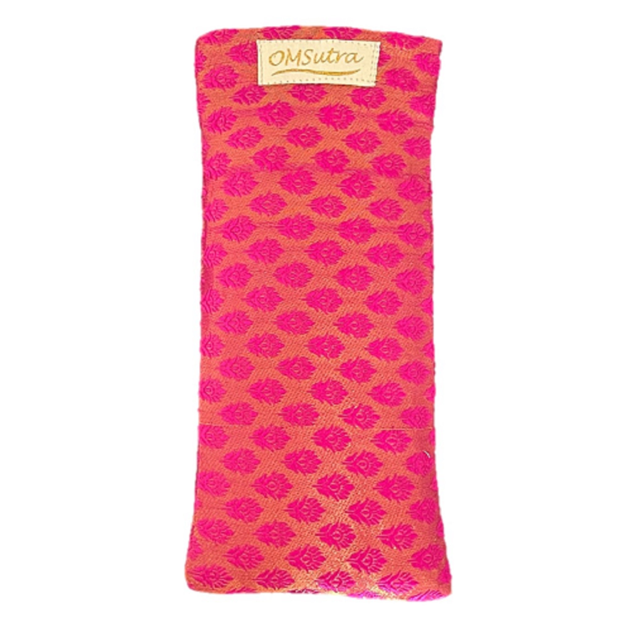 OMsutra Floral Silk Eye Pillow filled with natural flax seeds, featuring a beautiful floral design, perfect for relaxation and meditation.