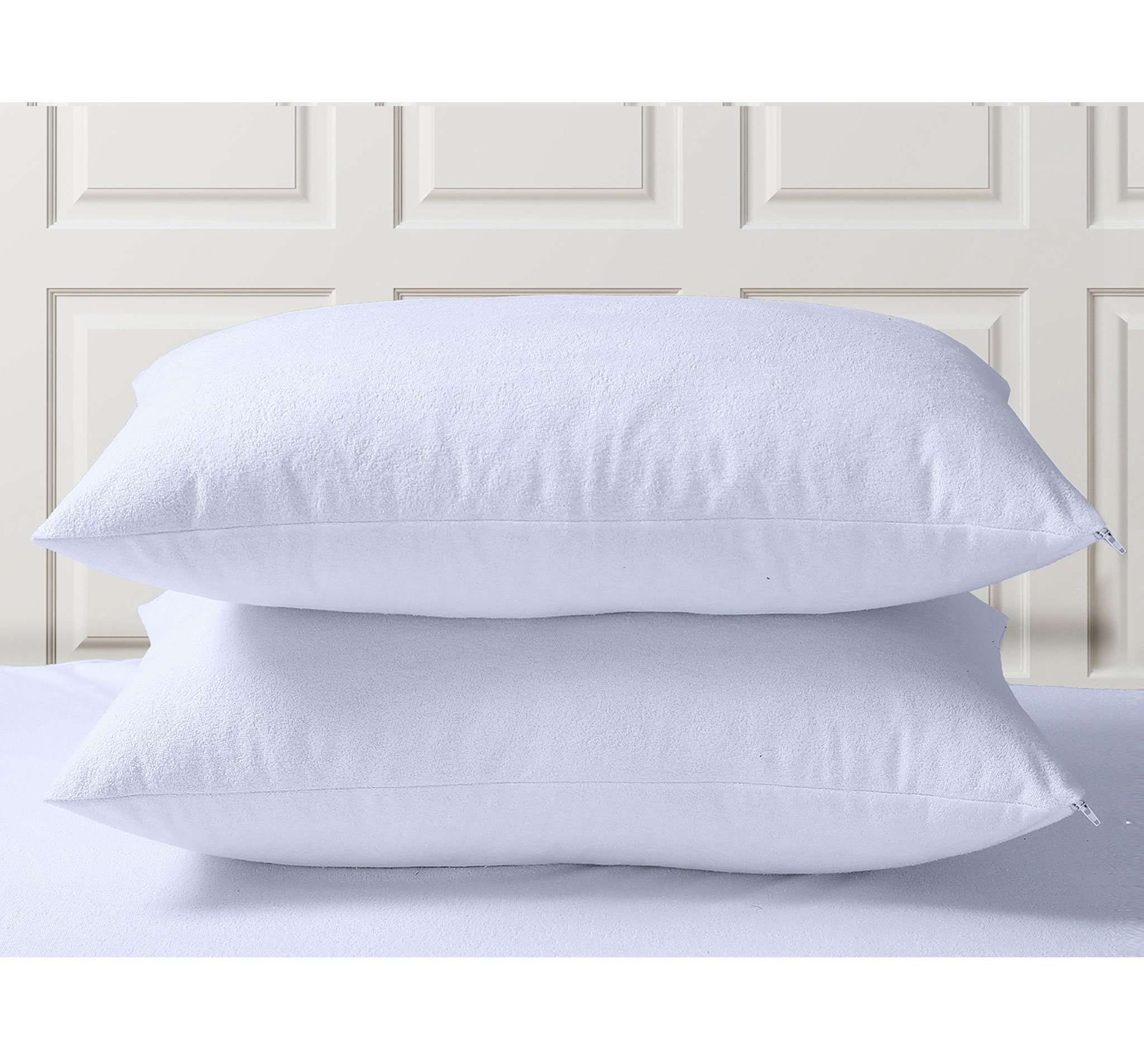 A set of soft, breathable pillow protectors made from 100% cotton, showcasing their water-resistant and allergen-friendly features.