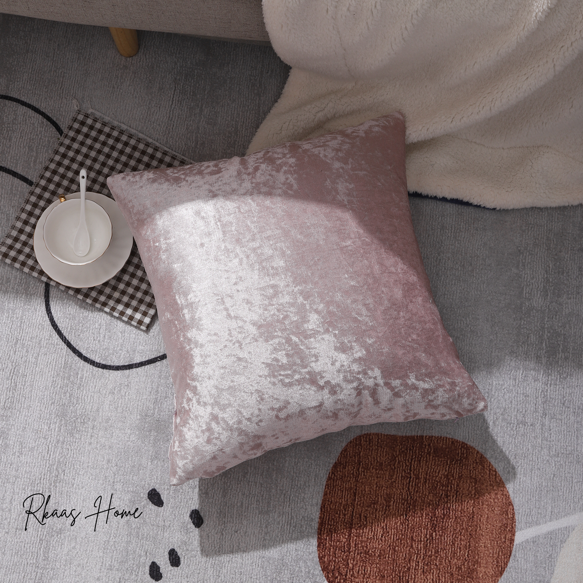 Pink crushed ice velvet square cushion cover, 45X45CM, featuring a luxurious texture and striped pattern.