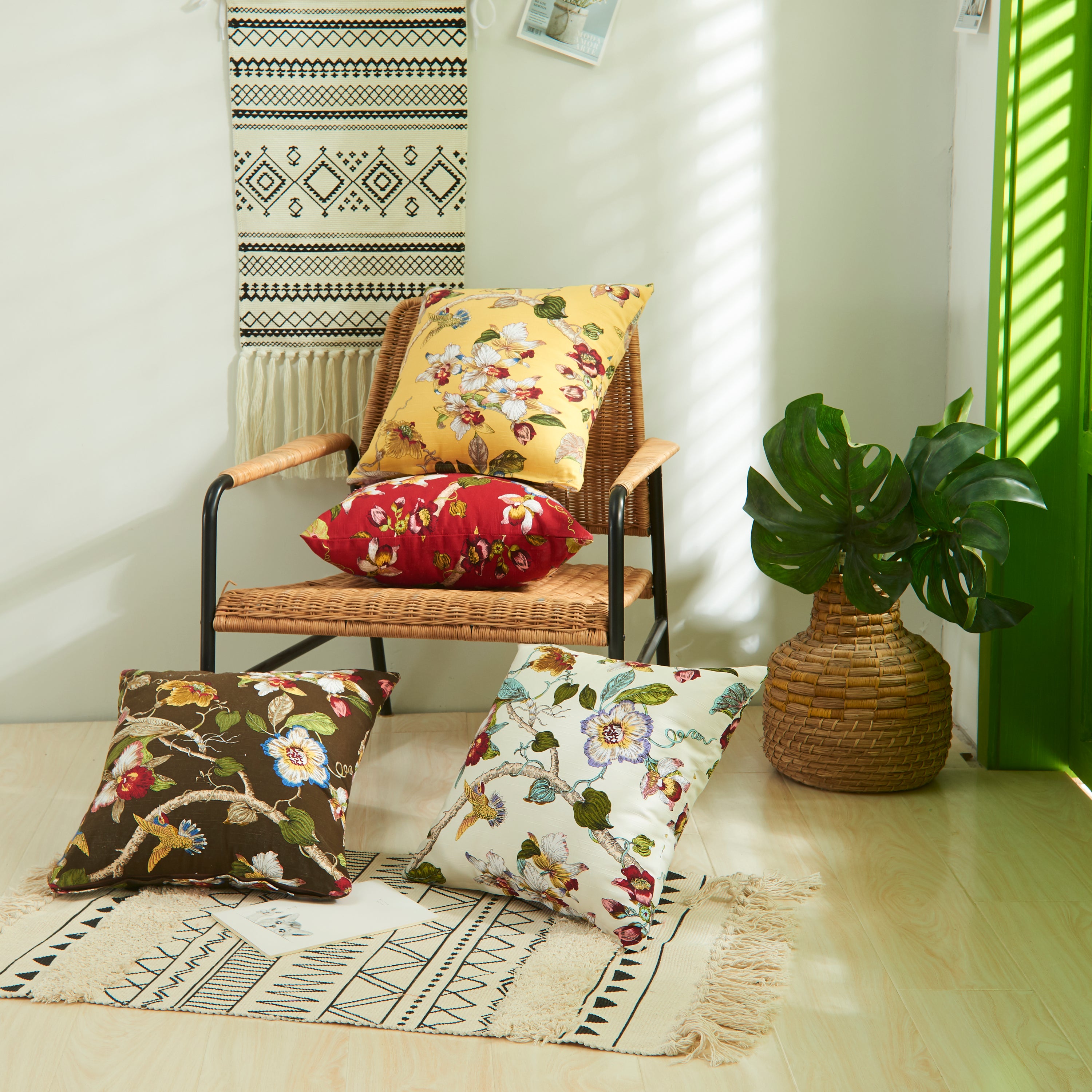 Polyester cotton double sided floral cushion covers in vibrant colors, measuring 45cm x 45cm, perfect for home decor.