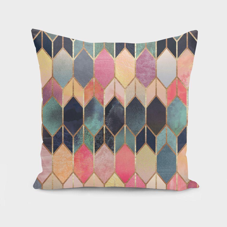 A vibrant stained glass patterned cushion cover, measuring 16x16 inches, made from durable polyester with a concealed zipper.