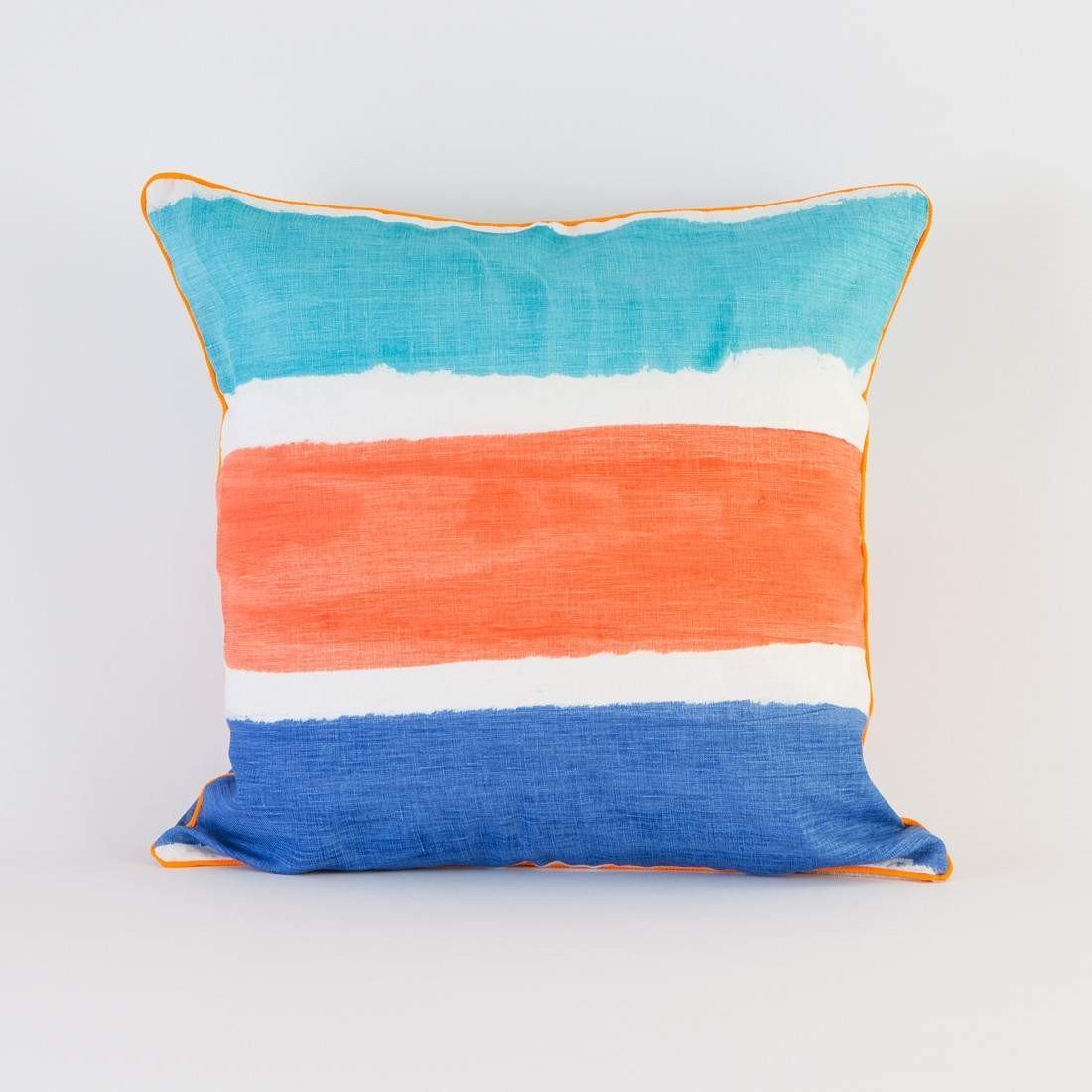 Stripe Coral Blue Cushion with vibrant coral blue stripes, made from 100% spun polyester, featuring a concealed zipper and double-sided print.