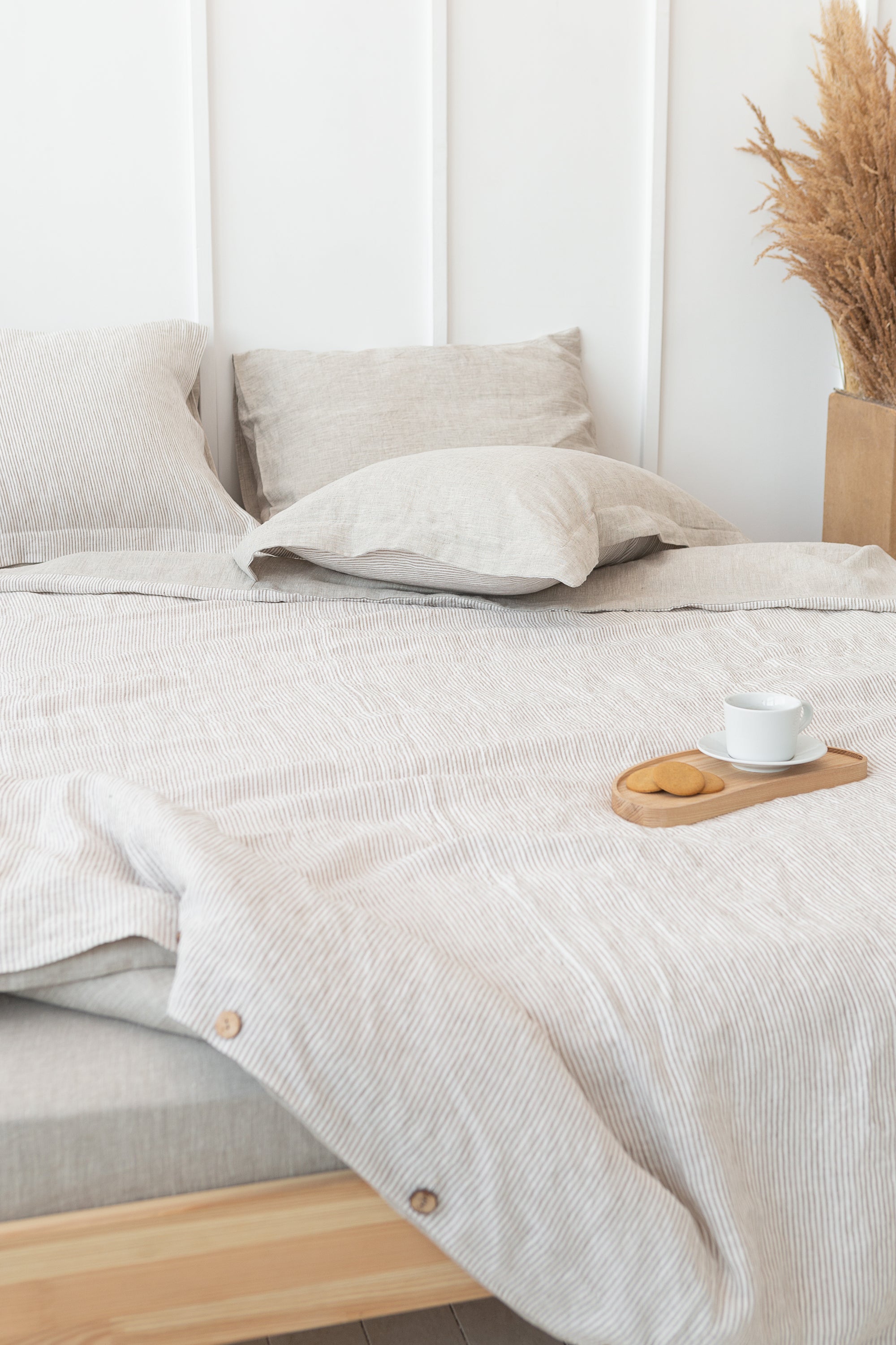 Striped Beige linen sham pillowcase showcasing elegant design and soft texture, perfect for enhancing bedroom decor.