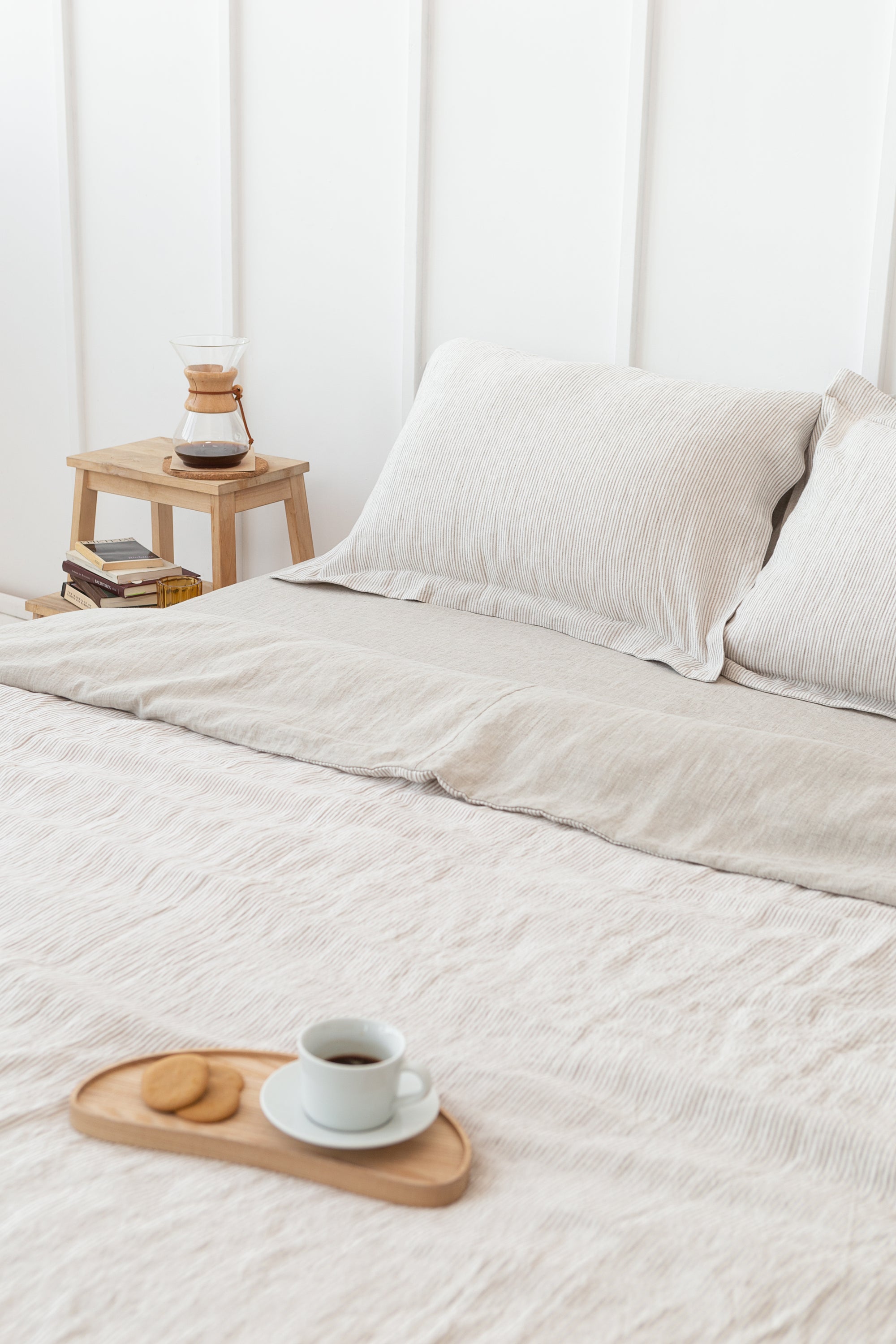 Striped Beige linen sham pillowcase showcasing elegant design and soft texture, perfect for enhancing bedroom decor.