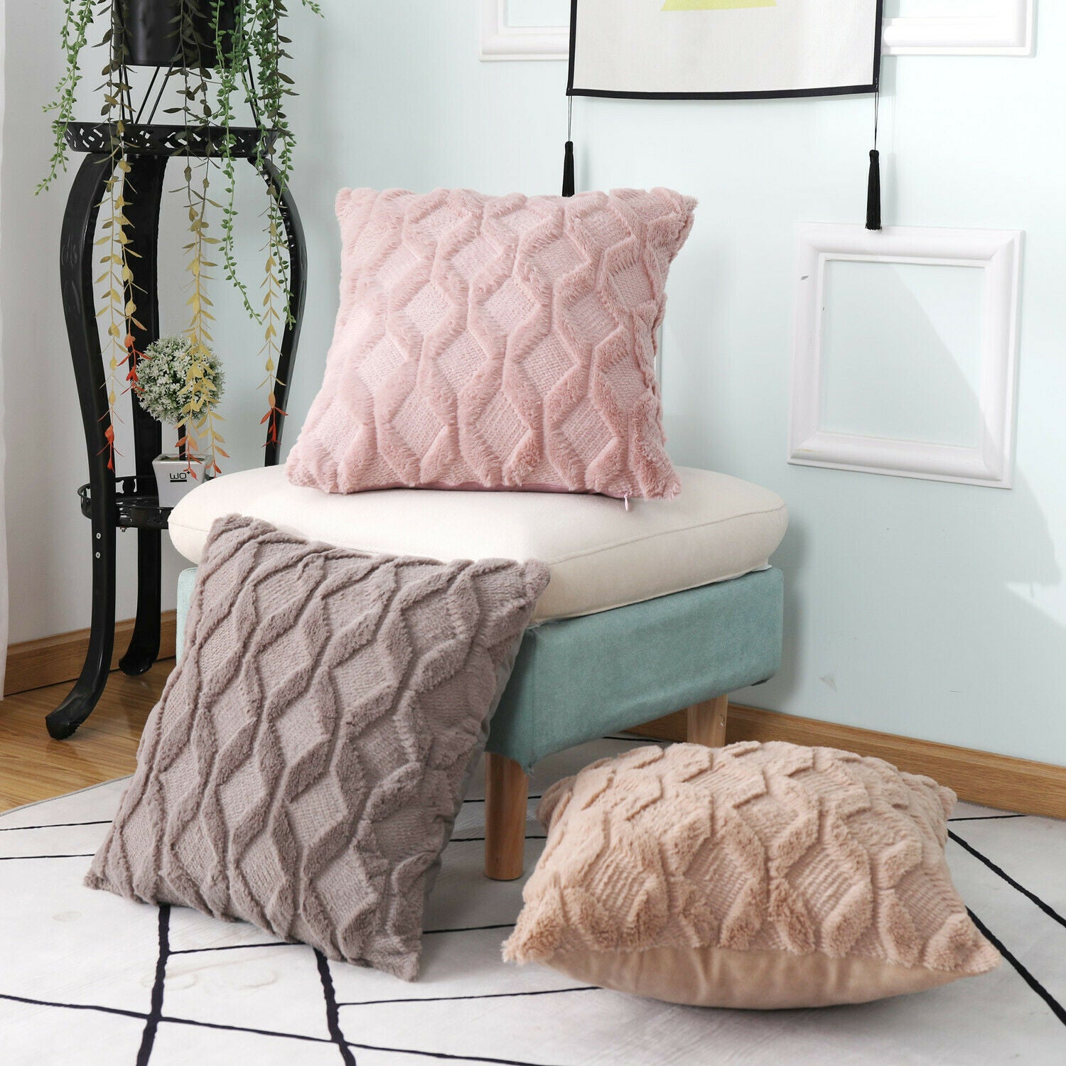 Super Soft Fluffy Plush Cushion Cover in a cozy living room setting, showcasing its plush texture and stylish design.