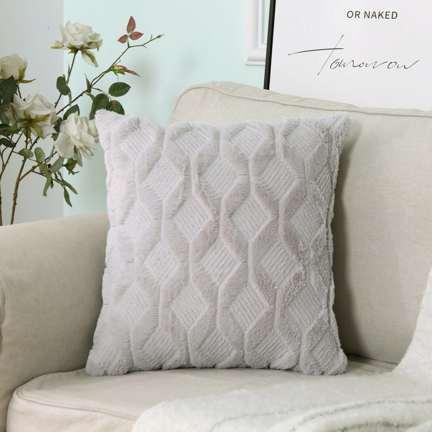 Super Soft Fluffy Plush Cushion Cover in a cozy living room setting, showcasing its plush texture and stylish design.