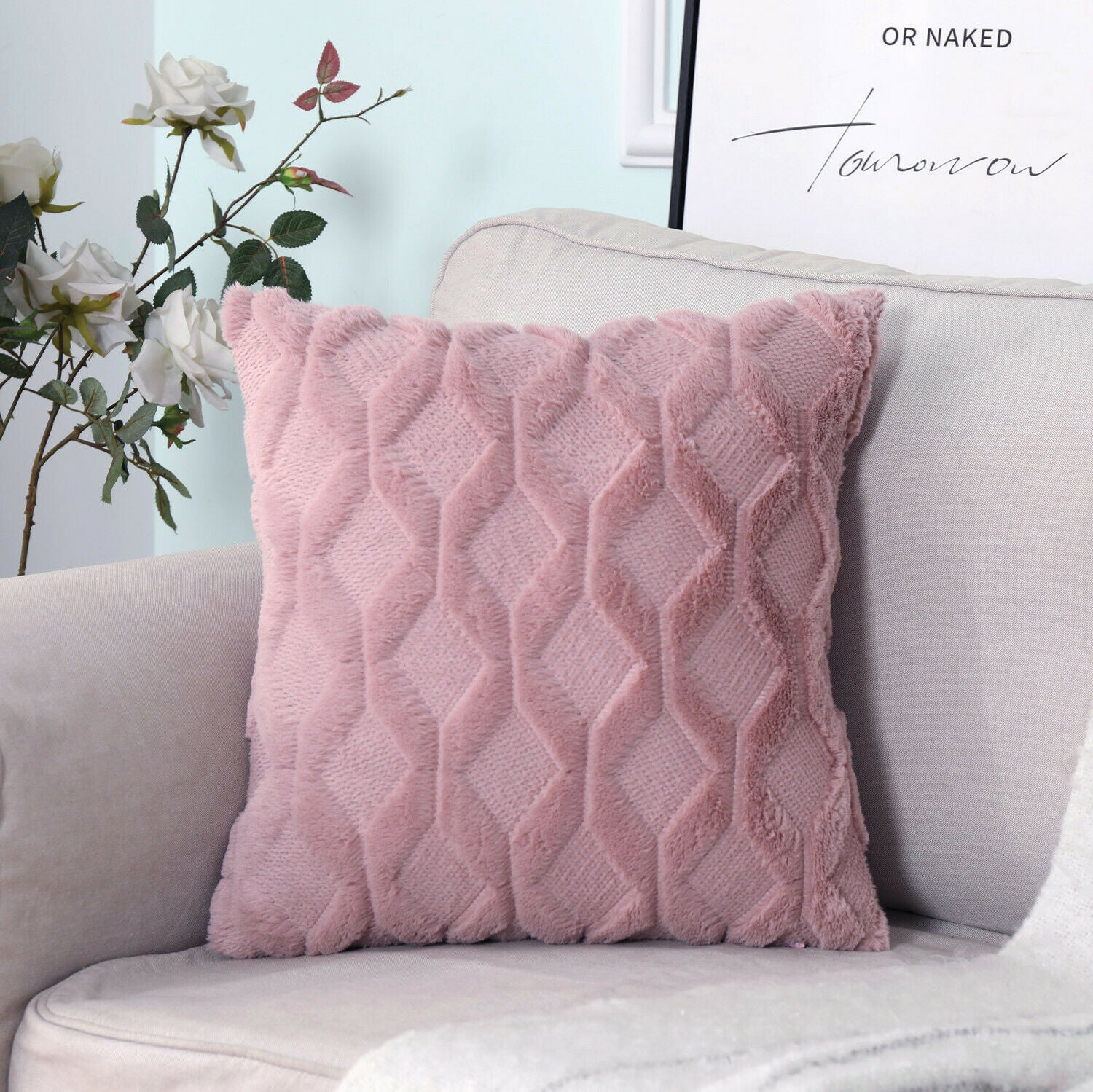 Super Soft Fluffy Plush Cushion Cover in a cozy living room setting, showcasing its plush texture and stylish design.