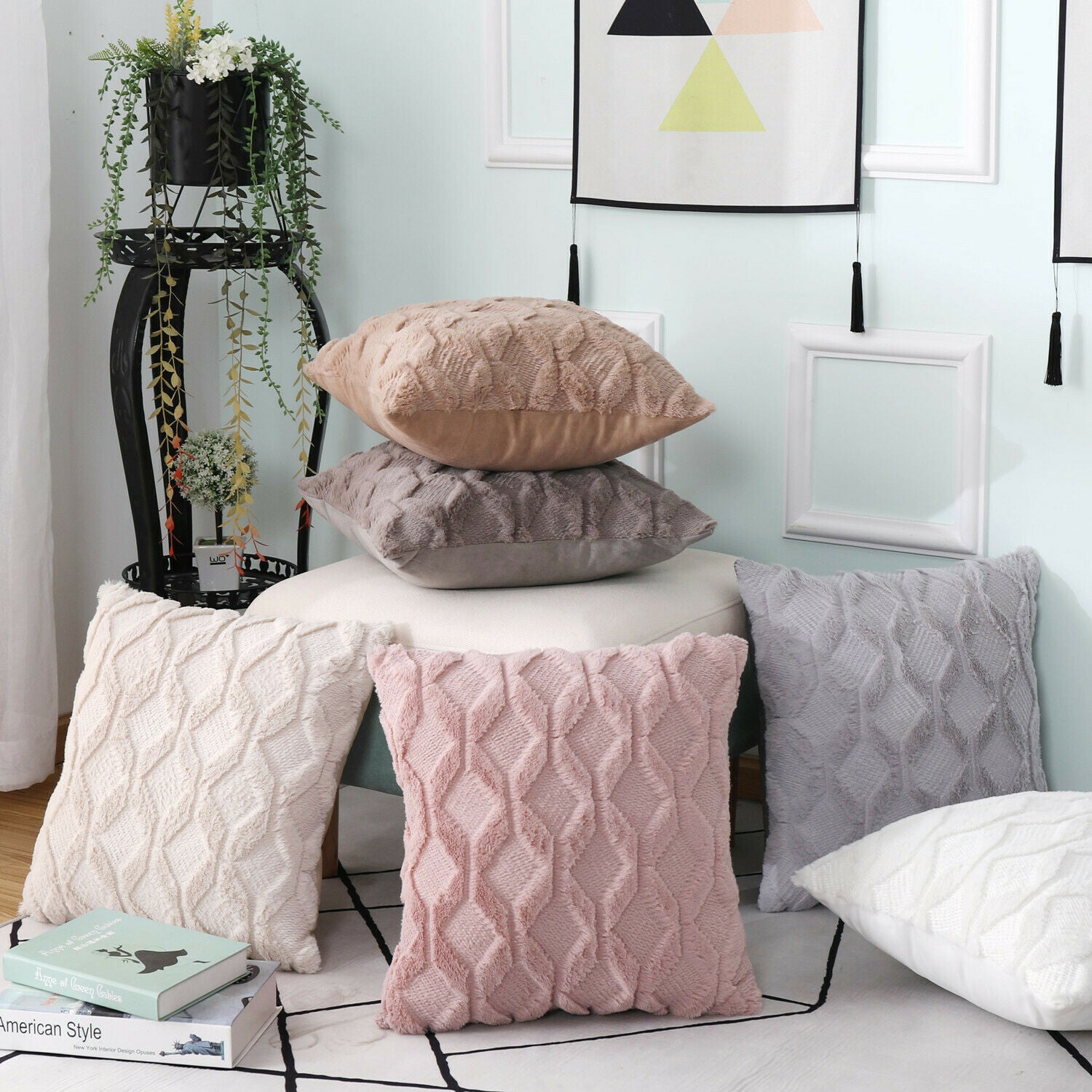 Super Soft Fluffy Plush Cushion Cover in a cozy living room setting, showcasing its plush texture and stylish design.