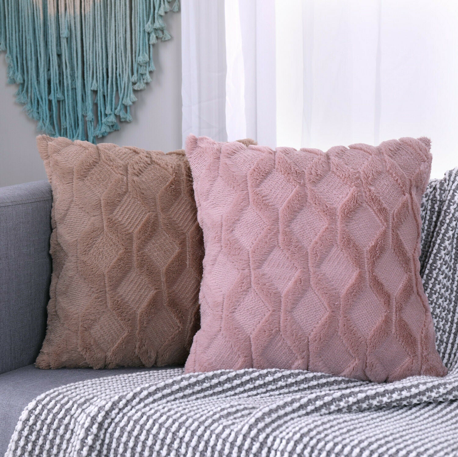 Super Soft Fluffy Plush Cushion Cover in a cozy living room setting, showcasing its plush texture and stylish design.