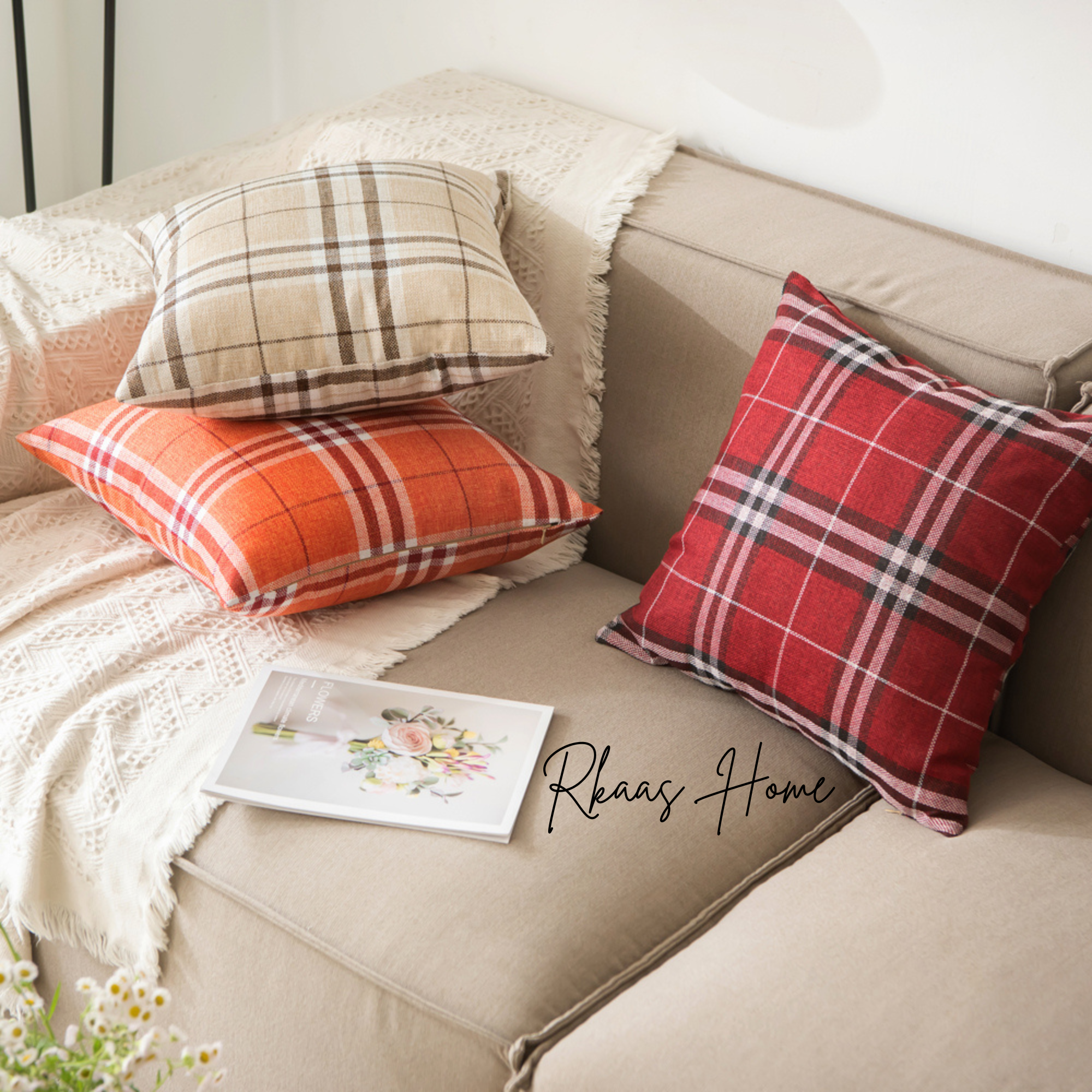 Tartan Check Cushion Cover in three colors, 45x45 CM, perfect for home decor.