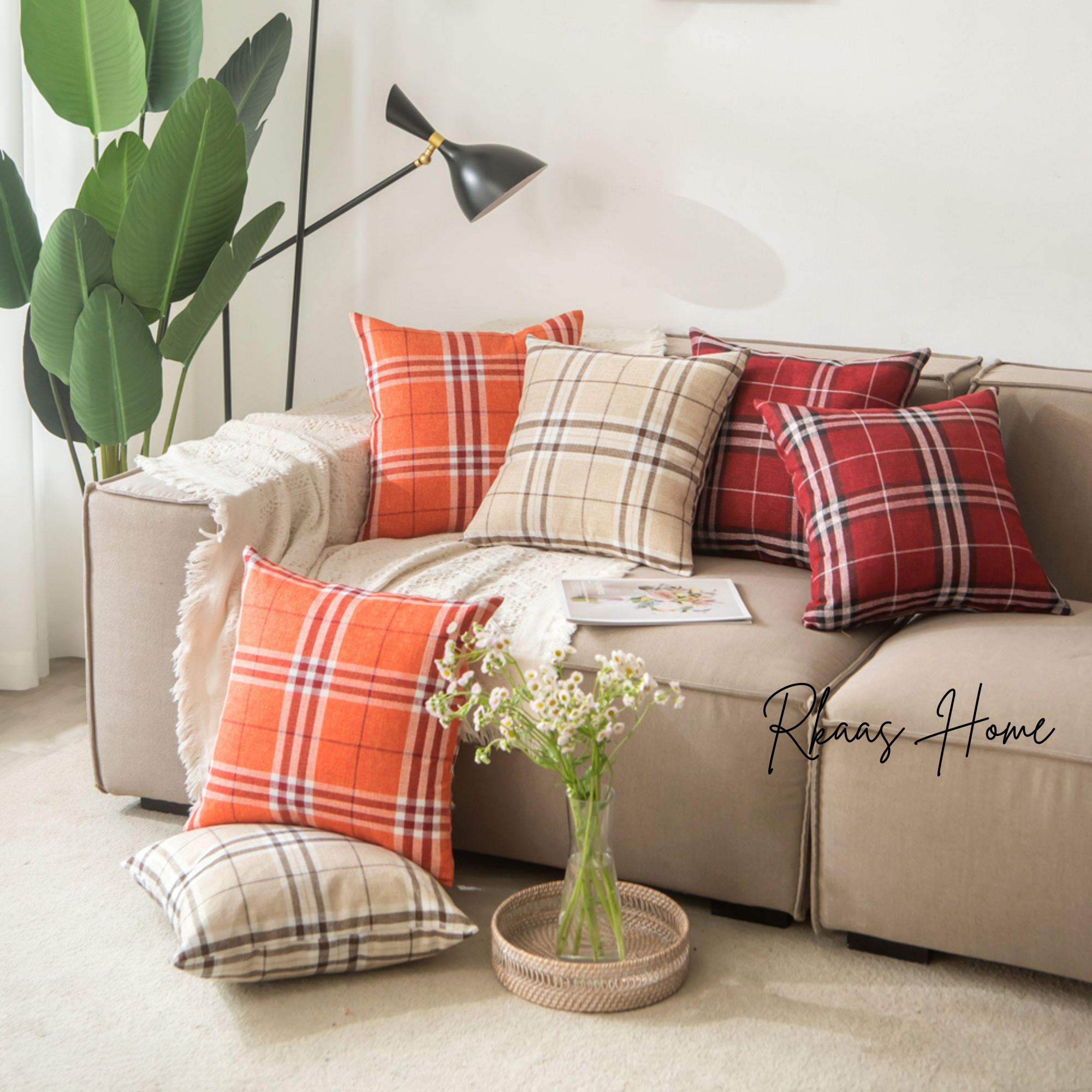 Tartan Check Cushion Cover in three colors, 45x45 CM, perfect for home decor.