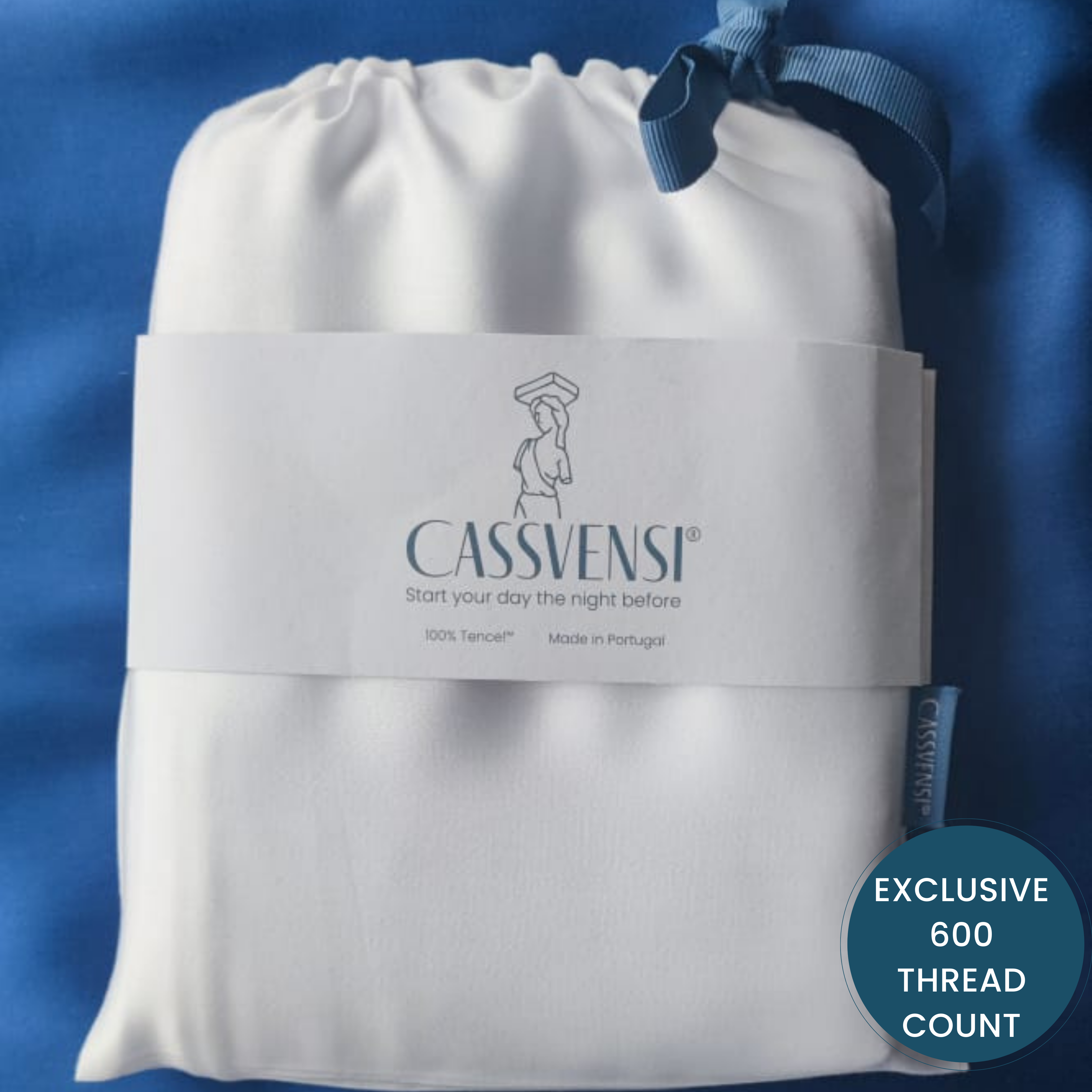 White bedsheet with Cassvensi branding.