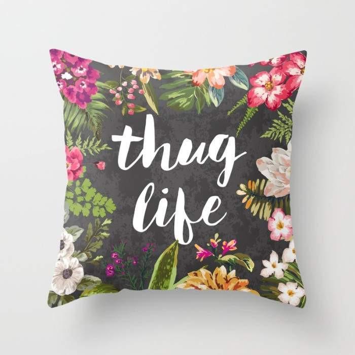 Thug Life Pillow featuring a humorous design on a stylish throw pillow cover, made from 100% spun polyester fabric.