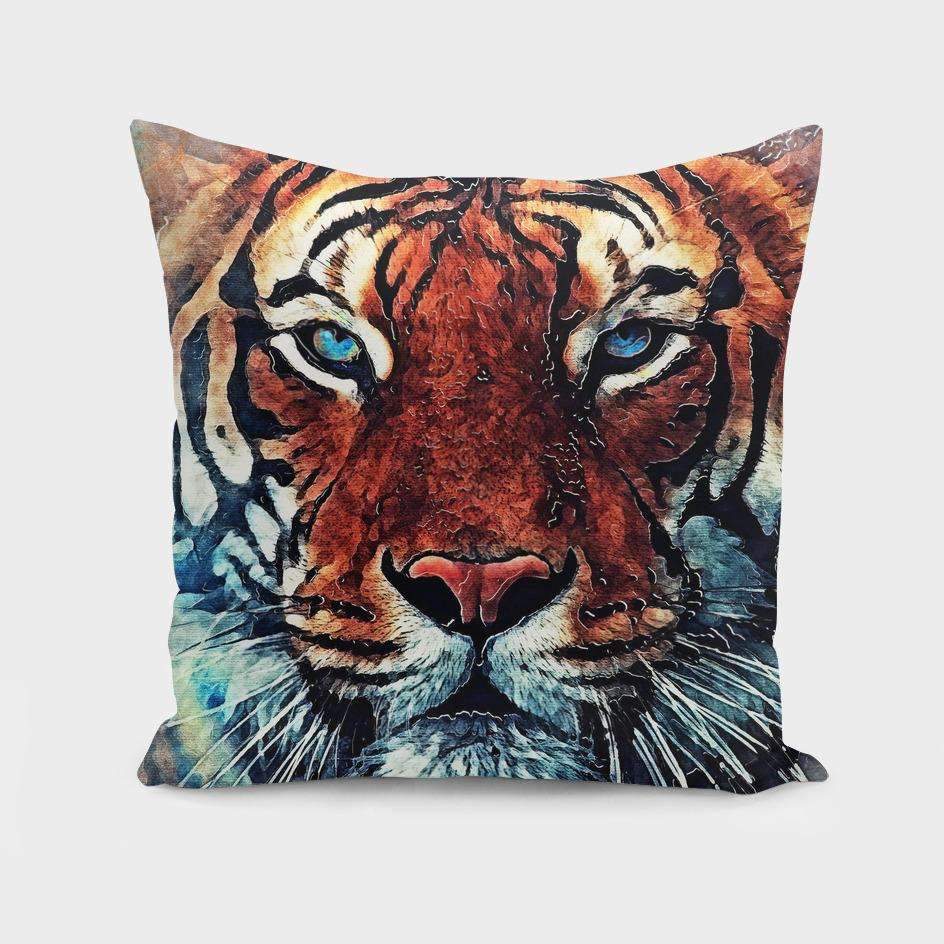 A luxurious Tiger Pillow designed by Saadana Shanmukam, featuring a vibrant tiger print on both sides, made from 100% spun polyester with a concealed zipper.