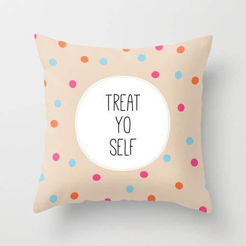 Treat Yo Self II Pillow featuring a vibrant double-sided print, made from 100% spun polyester poplin fabric, measuring 16" x 16" with a concealed zipper.