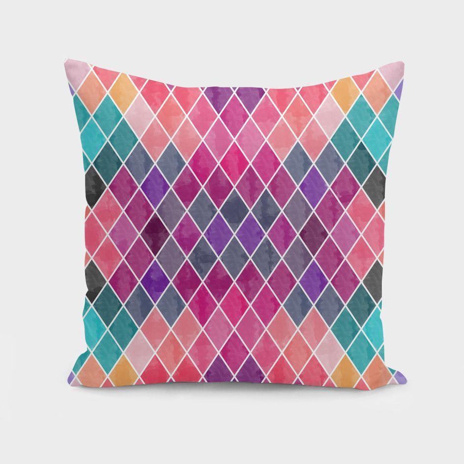 Watercolor Geometric Patterns II cushion featuring vibrant colors and geometric designs, made from 100% spun polyester poplin fabric with a concealed zipper.