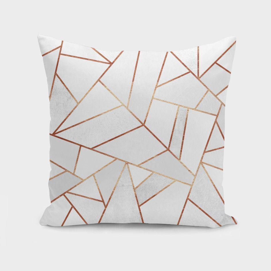 A stylish 16x16 throw pillow featuring a white stone pattern with copper lines, made from durable spun polyester poplin fabric, showcasing a modern design.