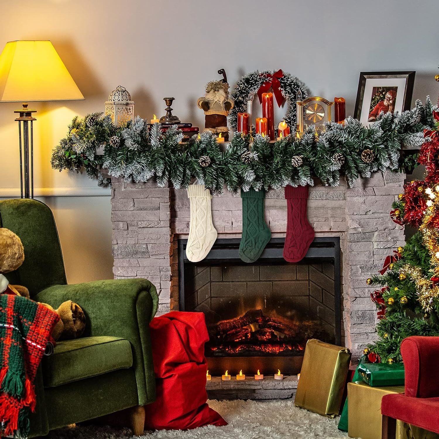 Three large knitted Christmas stockings in red, white, and green, each measuring 18 inches, displayed with festive patterns and hanging loops.