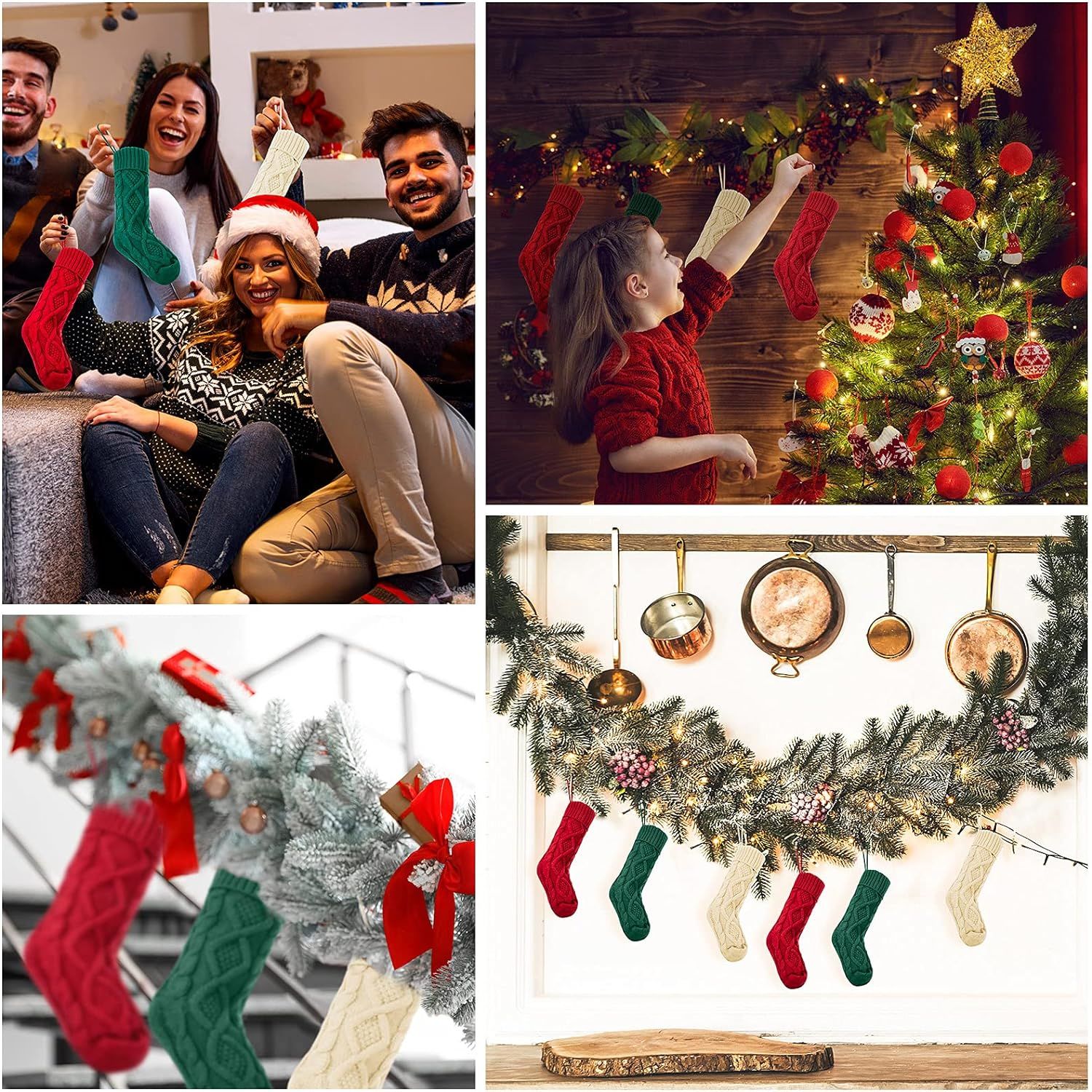 Three large knitted Christmas stockings in red, white, and green, each measuring 18 inches, displayed with festive patterns and hanging loops.