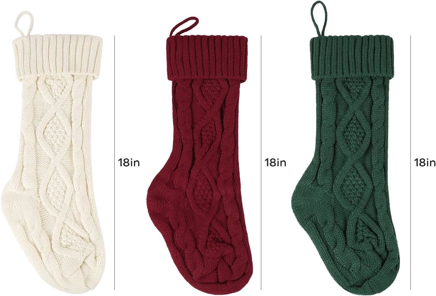 Three large knitted Christmas stockings in red, white, and green, each measuring 18 inches, displayed with festive patterns and hanging loops.