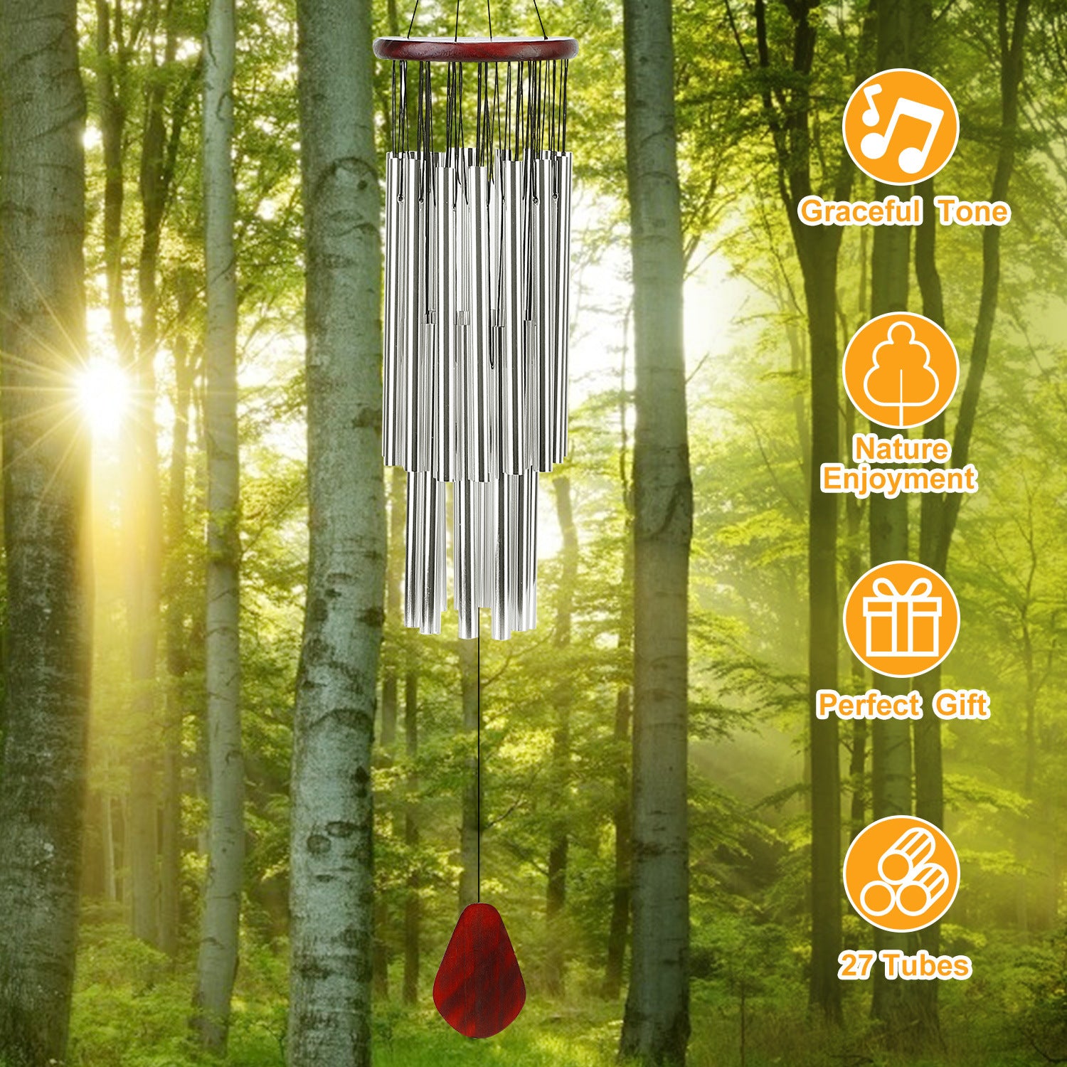 27 Tubes 36in Wind Chimes featuring a round wooden top and aluminum tubes, designed for indoor and outdoor use.