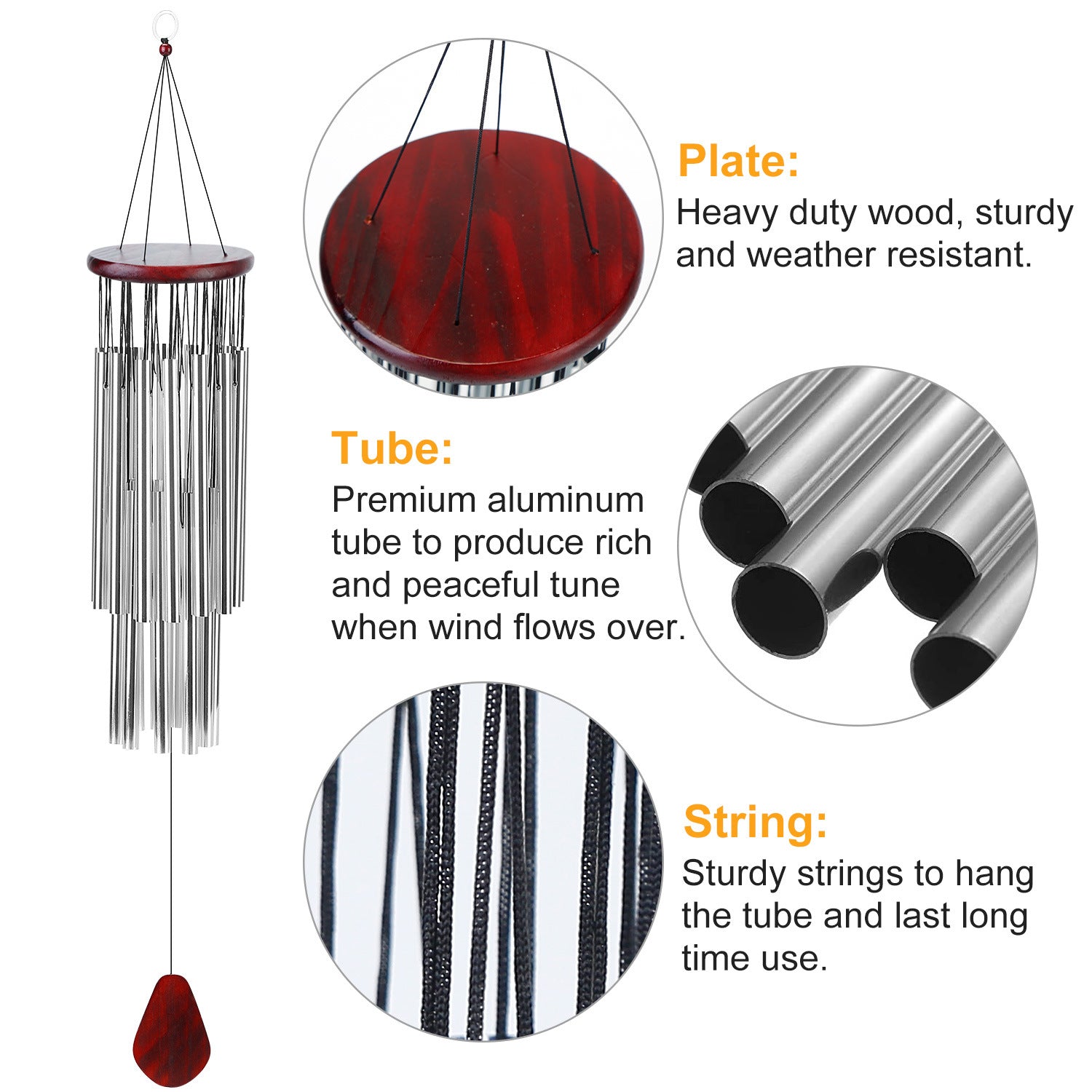 27 Tubes 36in Wind Chimes featuring a round wooden top and aluminum tubes, designed for indoor and outdoor use.