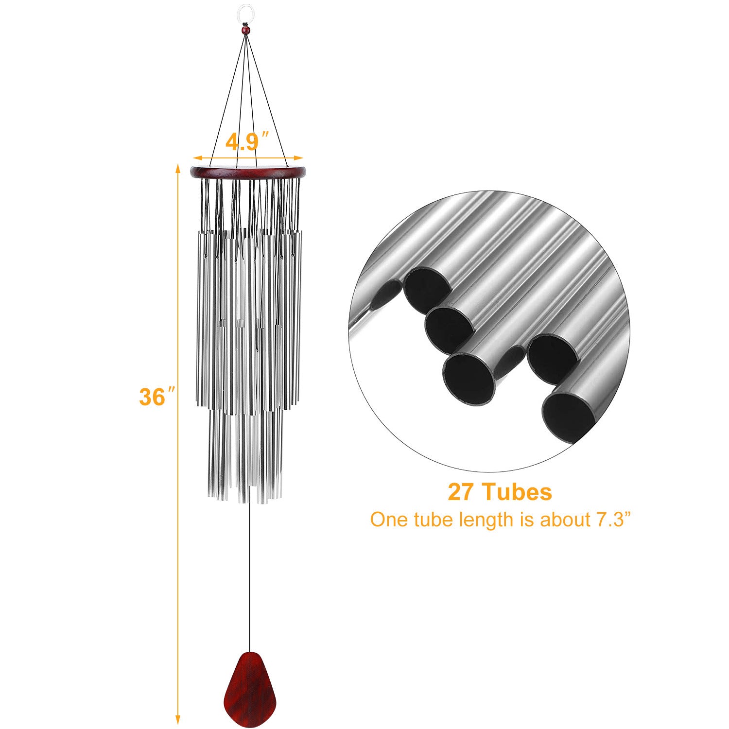 27 Tubes 36in Wind Chimes featuring a round wooden top and aluminum tubes, designed for indoor and outdoor use.