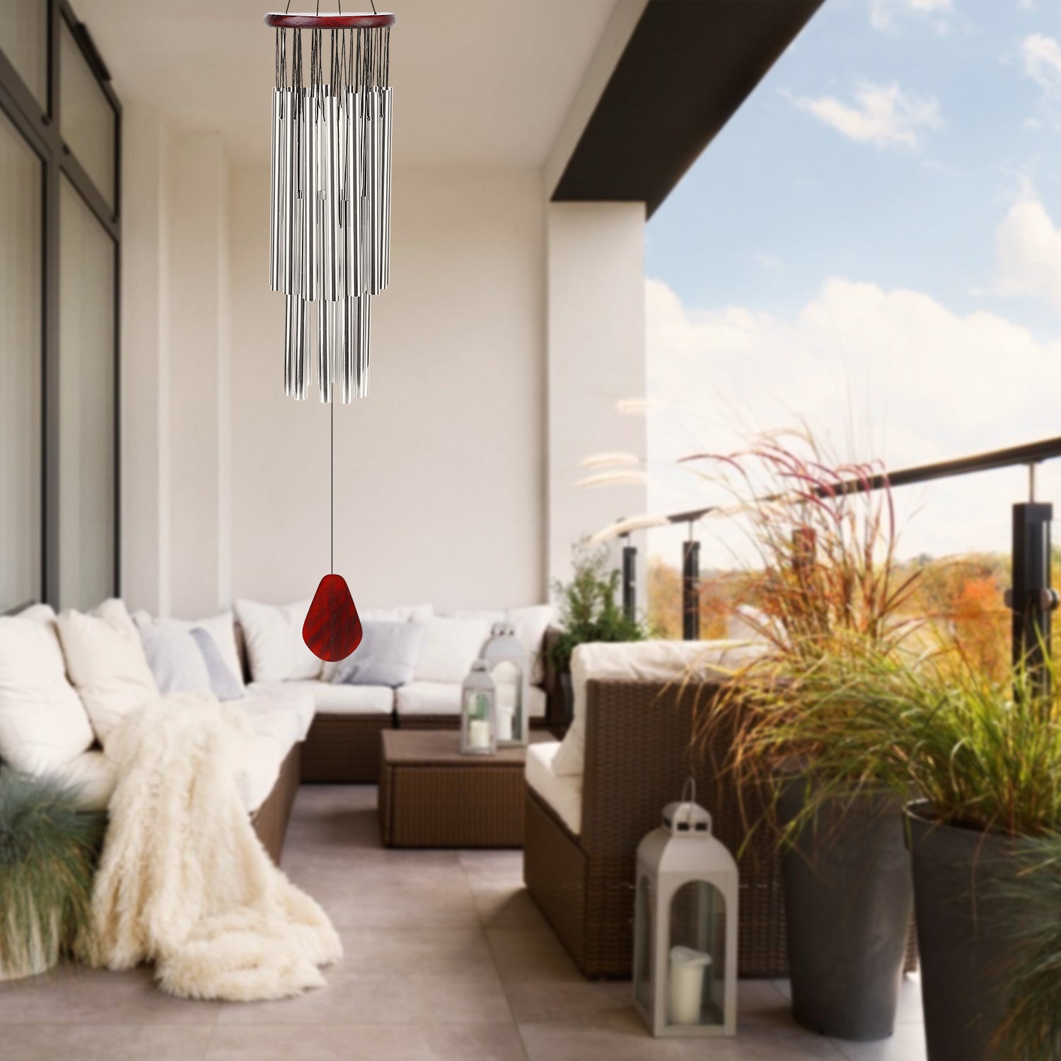 27 Tubes 36in Wind Chimes featuring a round wooden top and aluminum tubes, designed for indoor and outdoor use.