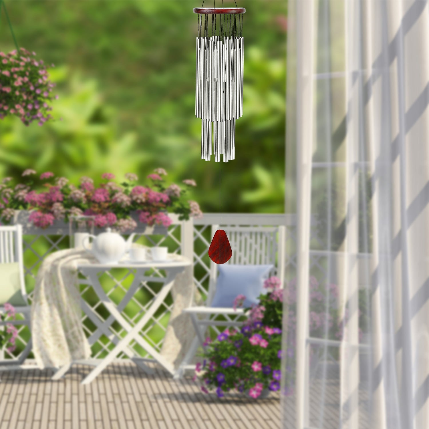 27 Tubes 36in Wind Chimes featuring a round wooden top and aluminum tubes, designed for indoor and outdoor use.