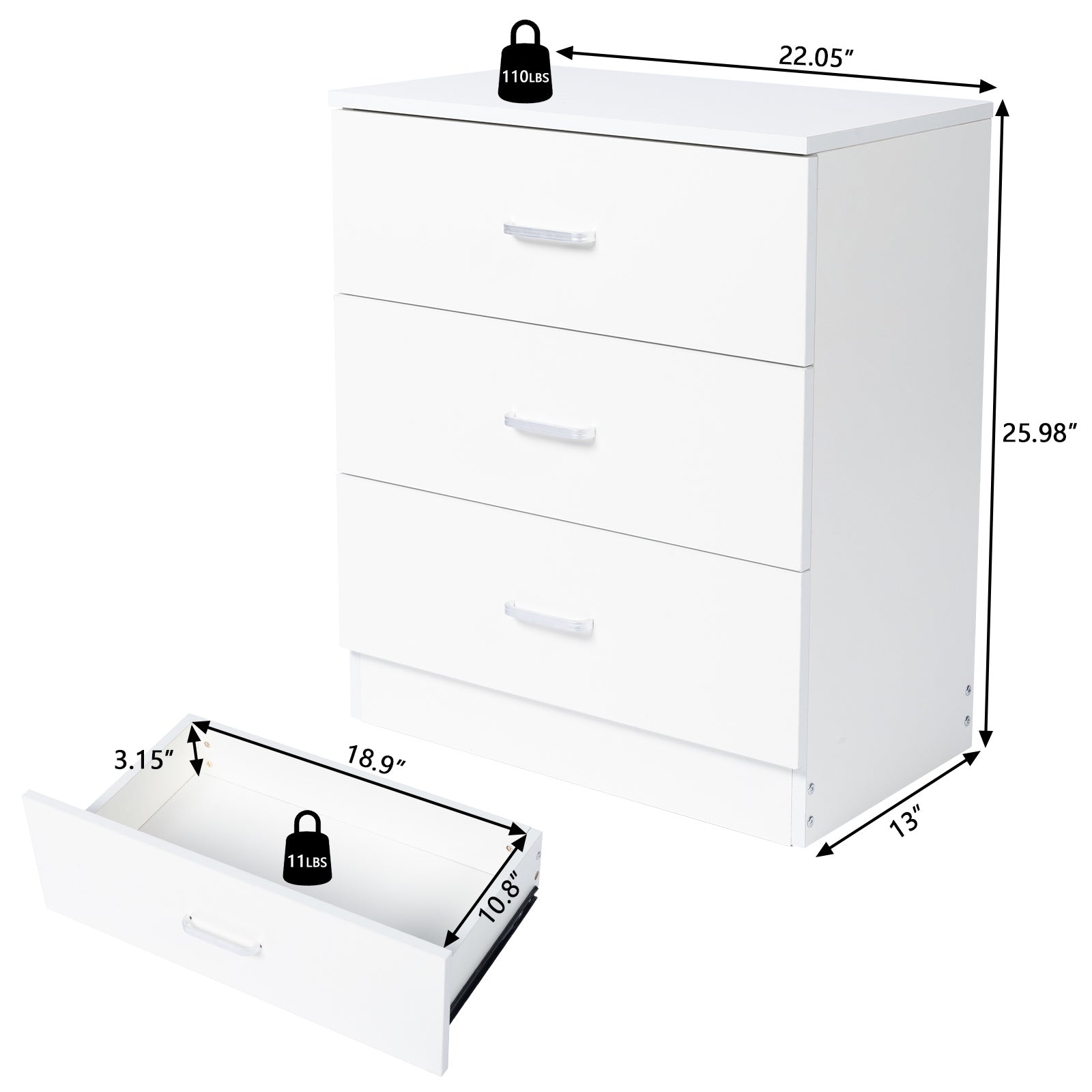 Elegant 3-Drawer Dresser made of high-quality P2 wood, featuring three spacious drawers and a stylish white finish.