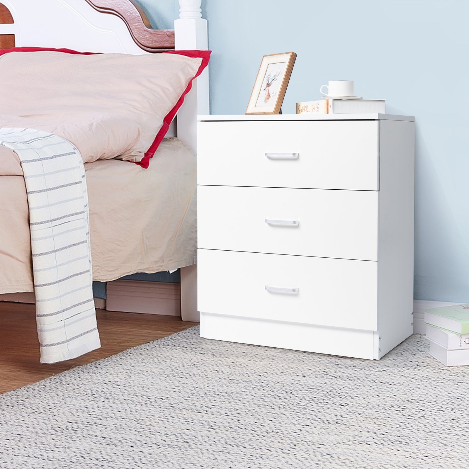 Elegant 3-Drawer Dresser made of high-quality P2 wood, featuring three spacious drawers and a stylish white finish.